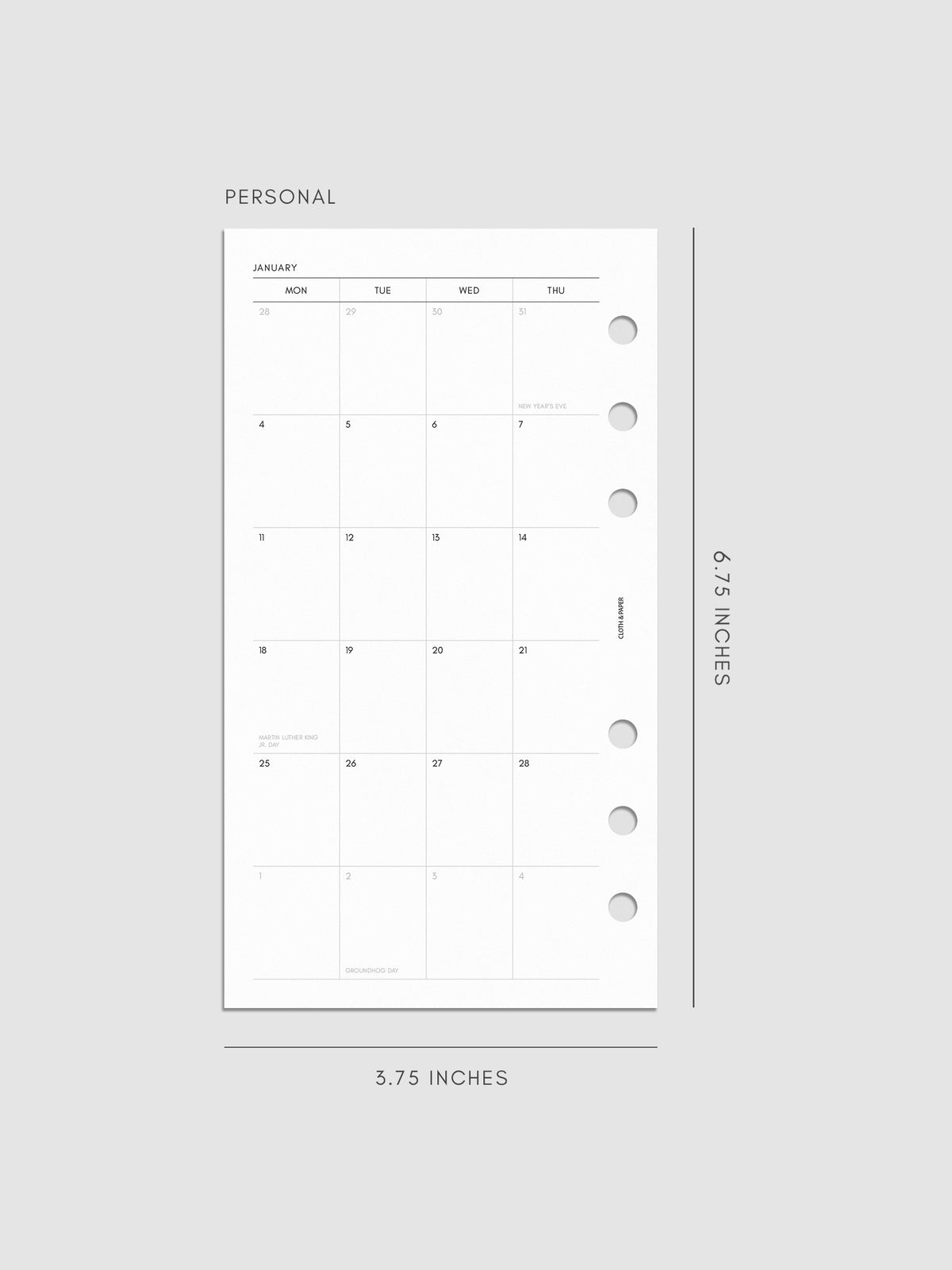 2027 Dated Monthly Planner Inserts, Monday Start, Personal 6-Ring Punch, left page of two-page monthly calendar spread with Monday start shown inside a planner
