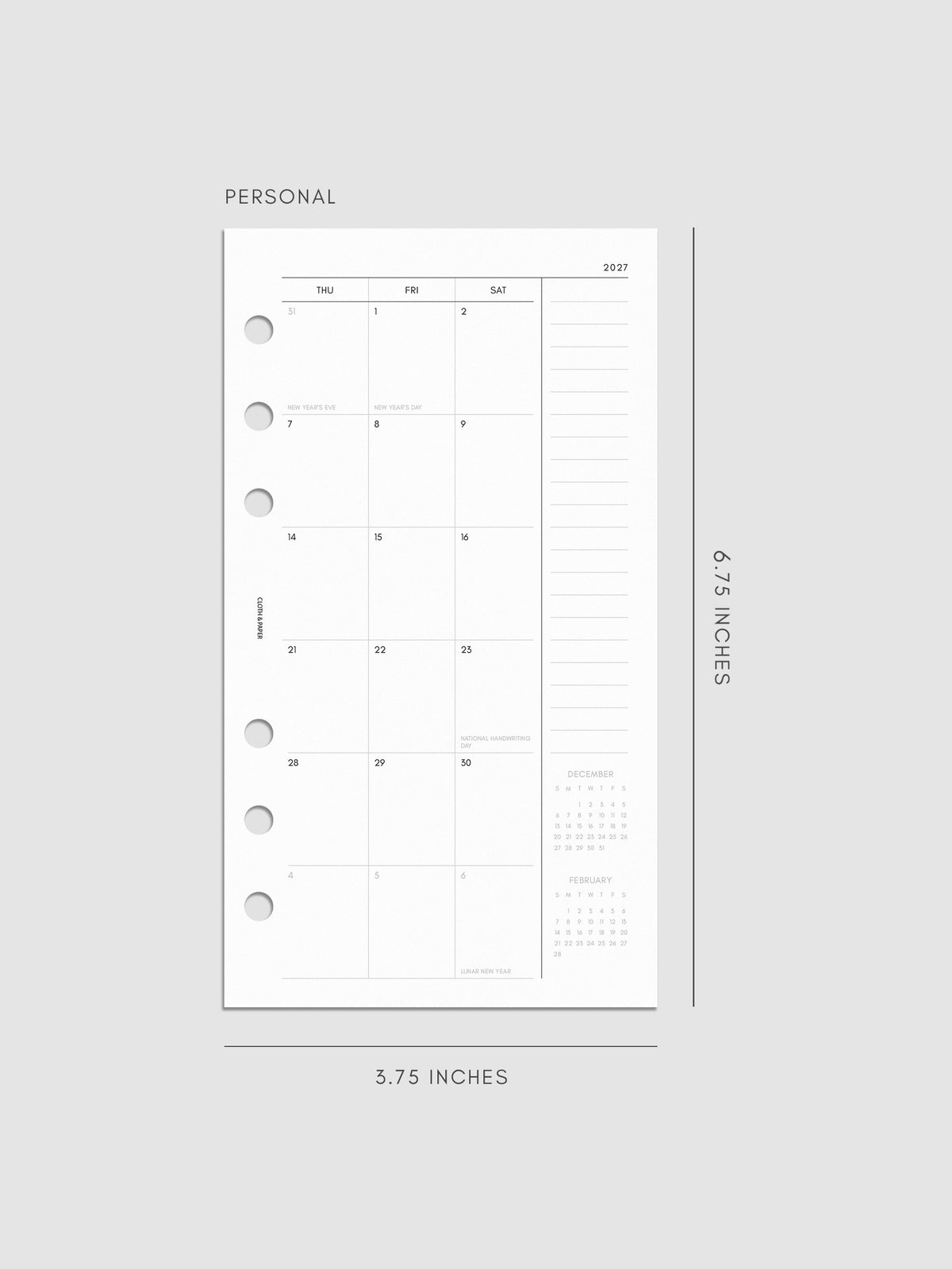 Right page of the 2027 Dated Monthly Sunday Start insert in Personal 6-Ring Punch size, showing the dated calendar grid with a notes column and mini calendars in the bottom right corner