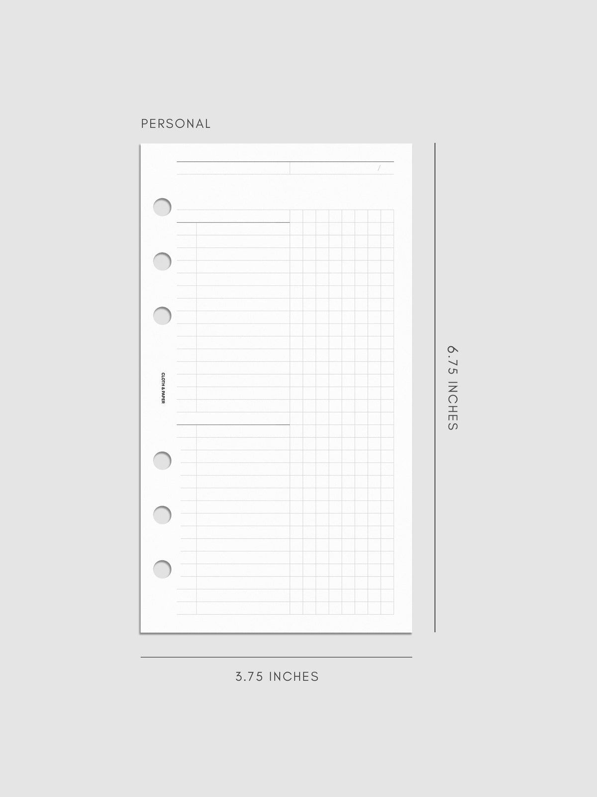Daily Workflow Planner Inserts, Personal 6-Ring Punch, right page showing large graph notes section