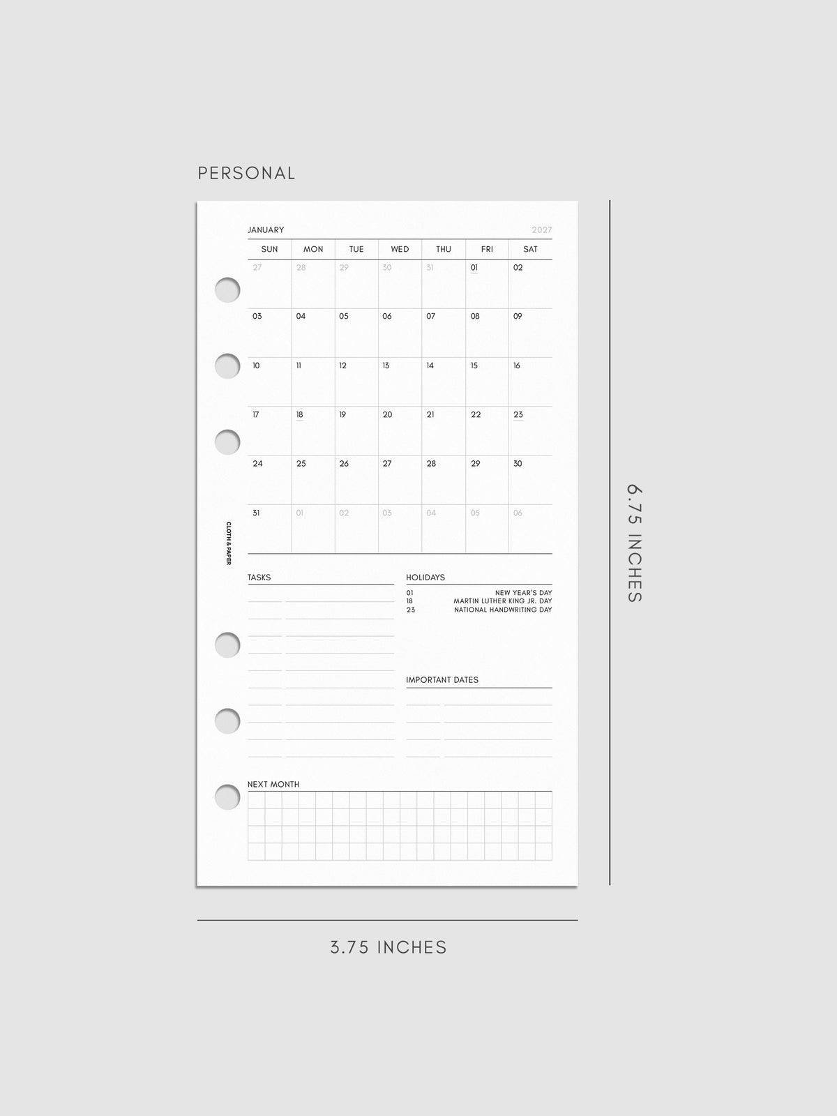 2027 Dated Monthly Admin Inserts in Personal 6-Ring Punch size, shown as a styled flat lay mockup.