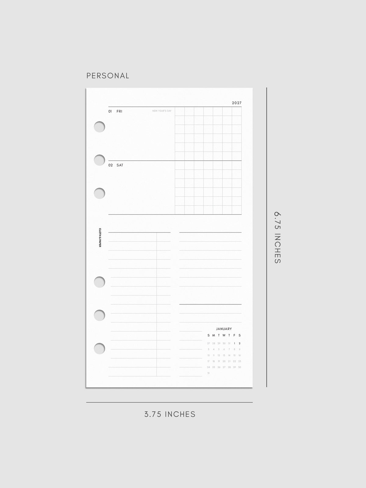 Mockup of the 2027 Dated Weekly Horizontal Planner Inserts | Sunday Start right page shown in size Personal 6-Ring Punch