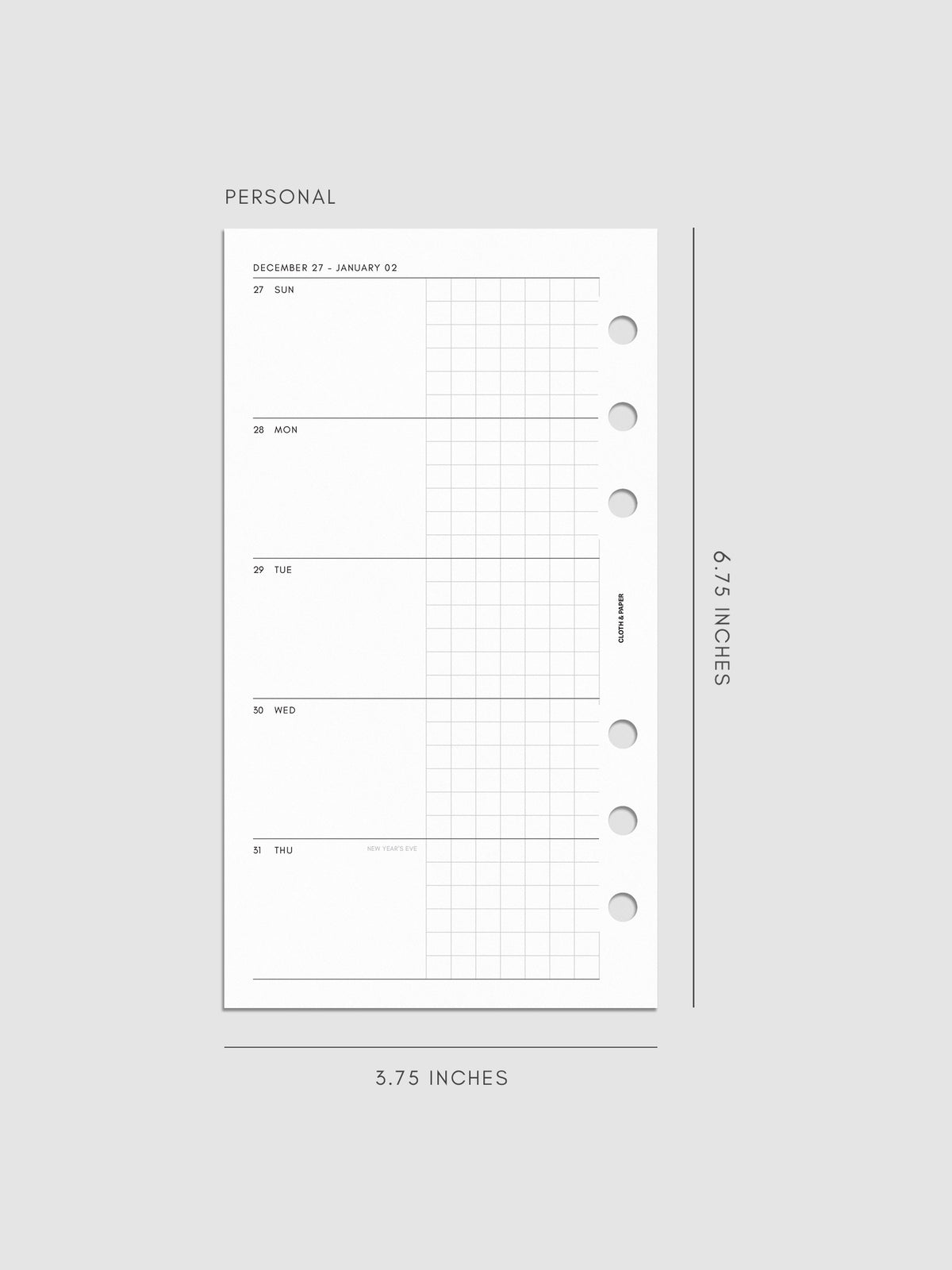 Mockup of the 2027 Dated Weekly Horizontal Planner Inserts | Sunday Start left page shown in size Personal 6-Ring Punch