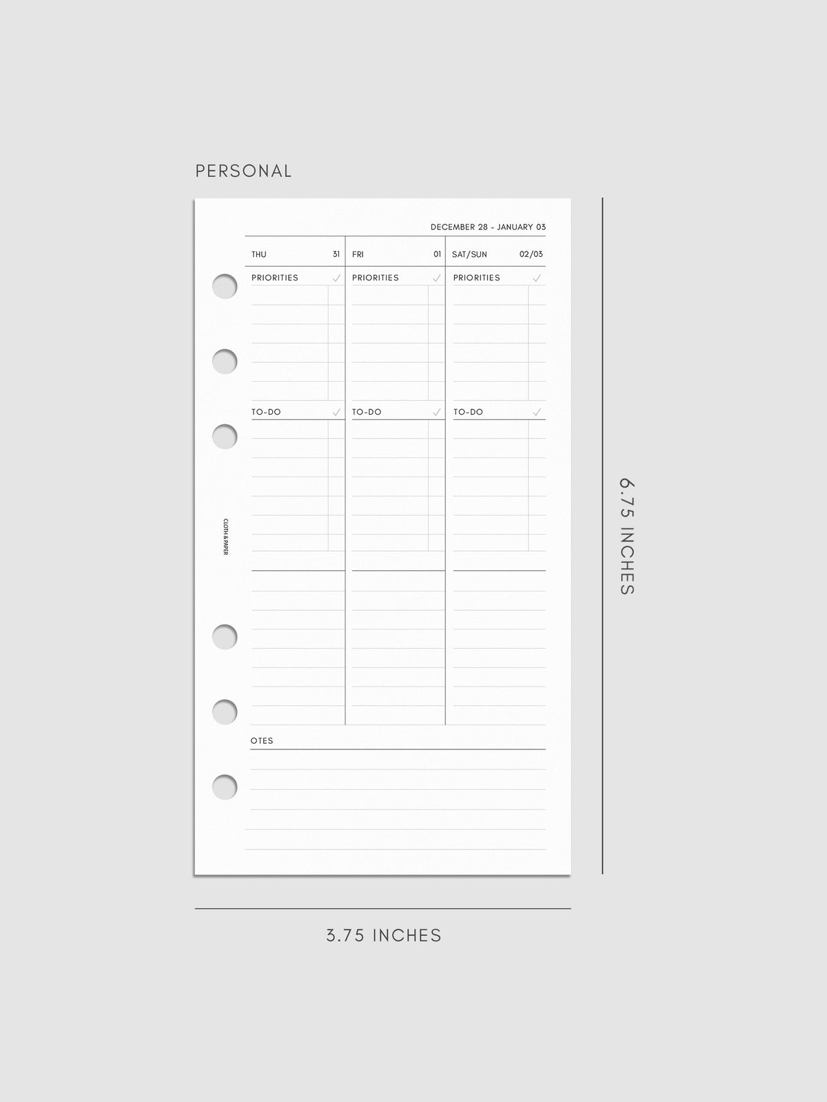 2027 Dated Weekly Task Planner Inserts, Monday Start, Personal 6-Ring Punch, right page of weekly spread showing vertical columns for Thursday and Friday alongside a combined Saturday and Sunday column, with labeled priorities, to-do, and open notes sections, and weekly notes section along the bottom