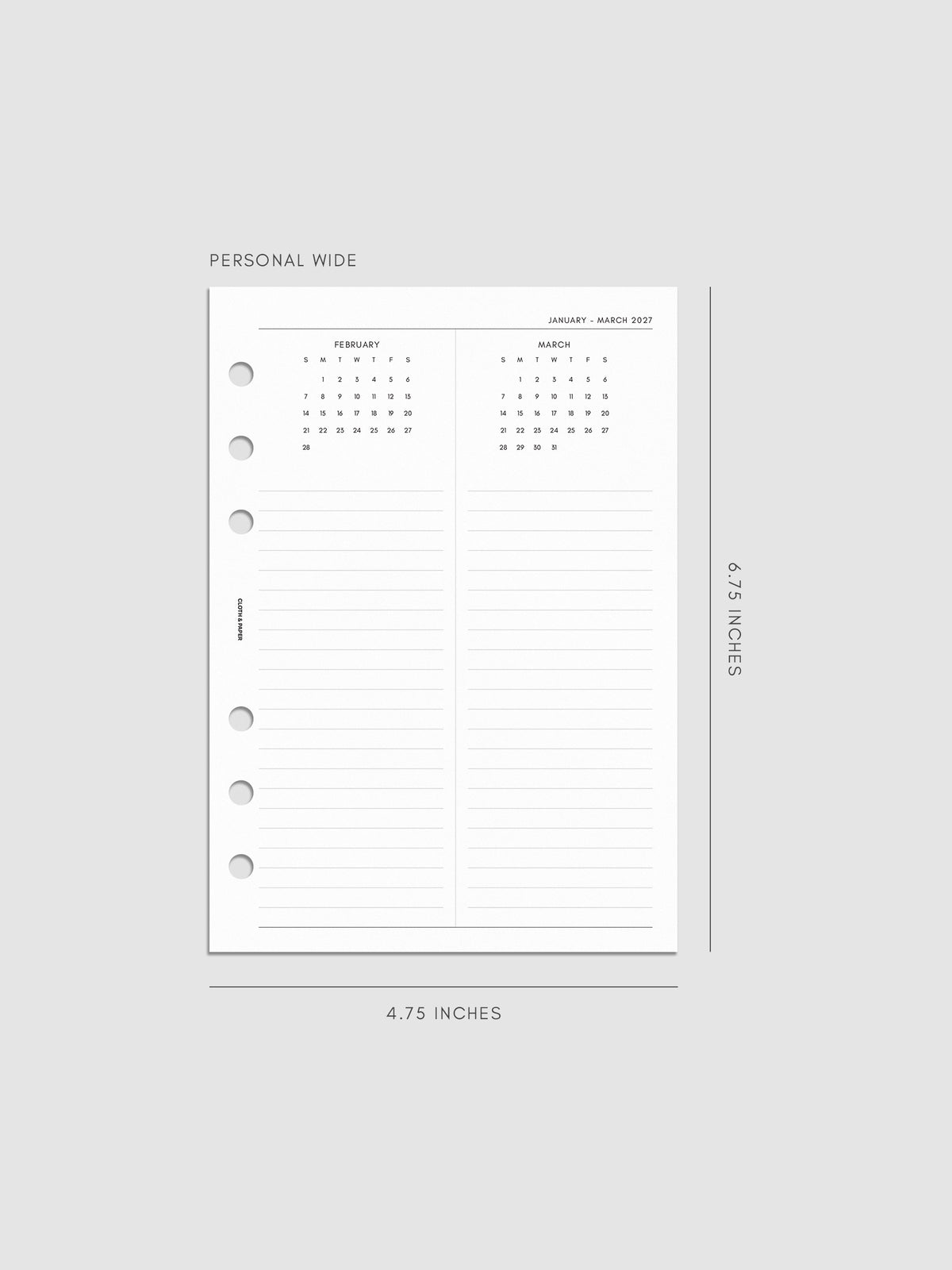 2027 Dated Yearly Overview Planner Inserts Sunday Start, Personal Wide 6-Ring Punch, right page of quarterly spread showing three monthly calendar views each with a notes section below
