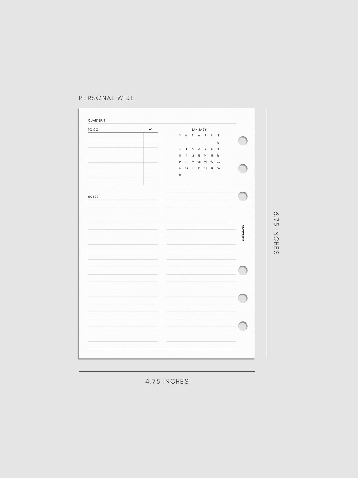 2027 Dated Yearly Overview Planner Inserts Sunday Start, Personal Wide 6-Ring Punch, left page of quarterly spread showing goal-setting, to-do, and notes sections