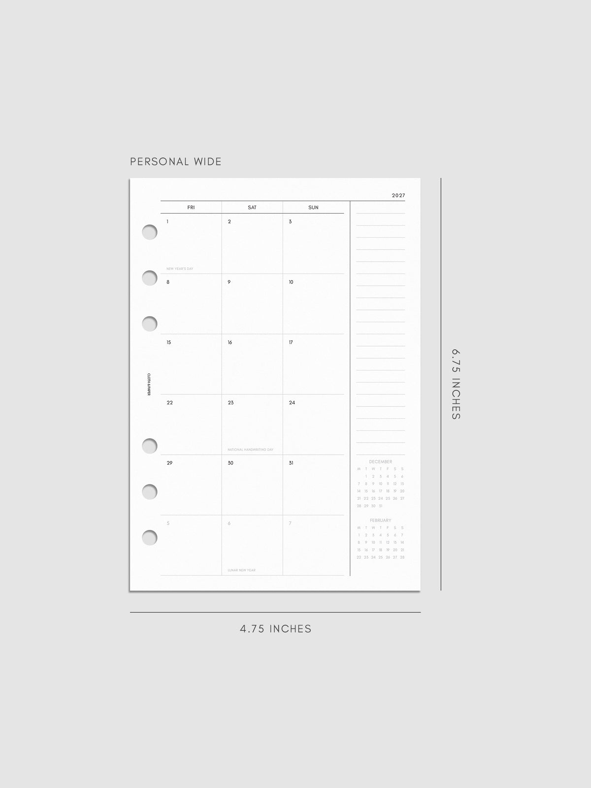 2027 Dated Monthly Planner Inserts, Monday Start, Personal Wide 6-Ring Punch, right page of two-page monthly calendar spread with notes column and mini calendars in the bottom right corner shown inside a planner