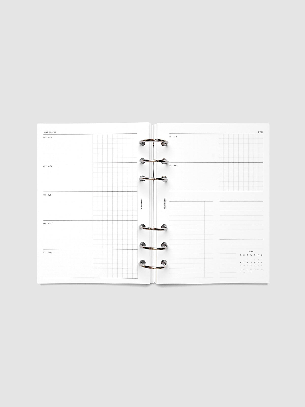 2027 Dated Weekly Horizontal Planner Inserts, Sunday Start, Personal Wide 6-Ring Punch, full week-on-two-pages horizontal spread showing each day split into open and graph columns, with tasks column, notes column, and mini monthly calendar on the right page, shown inside a planner