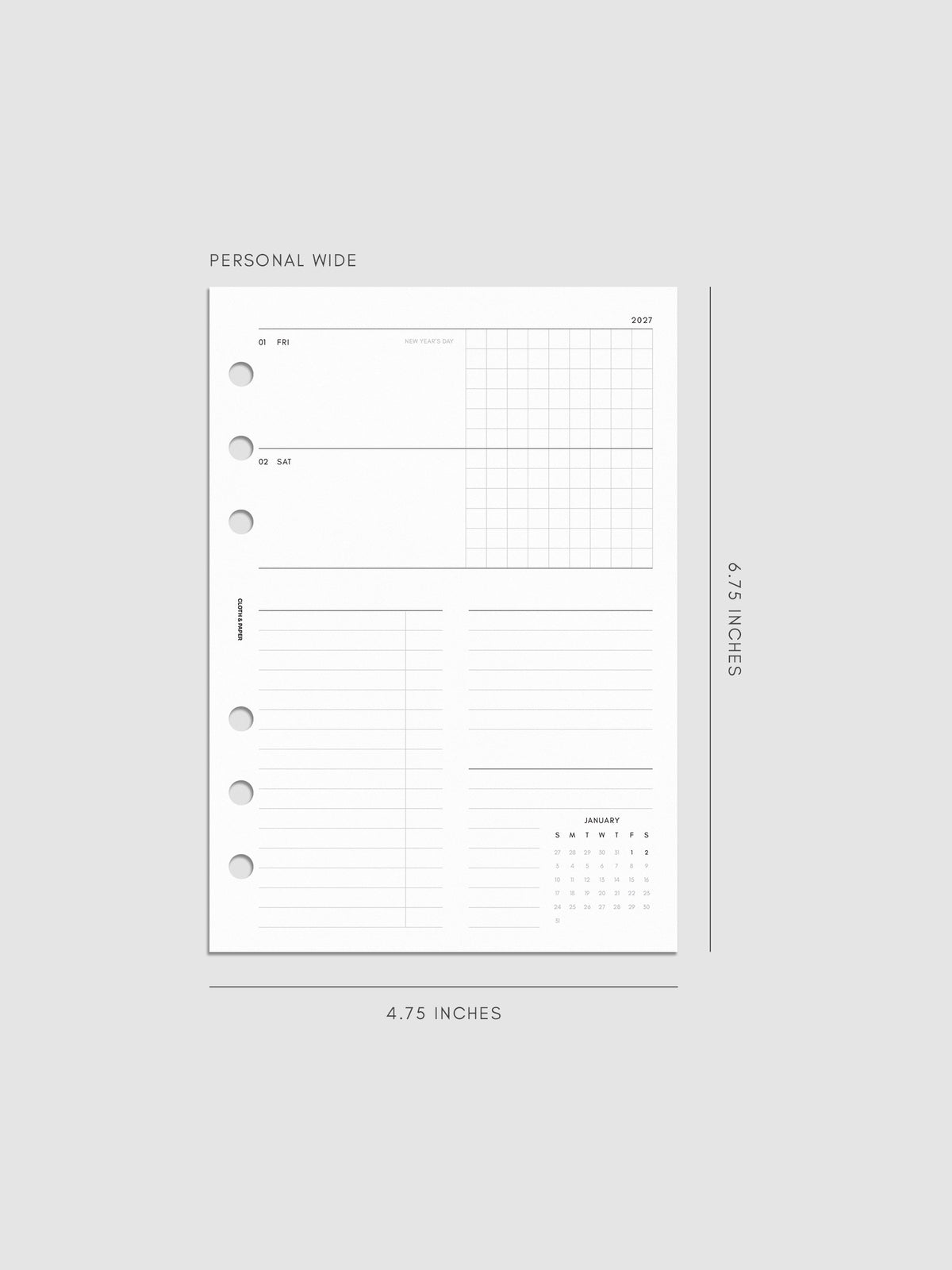 Mockup of the 2027 Dated Weekly Horizontal Planner Inserts | Sunday Start right page shown in size Personal Wide 6-Ring Punch