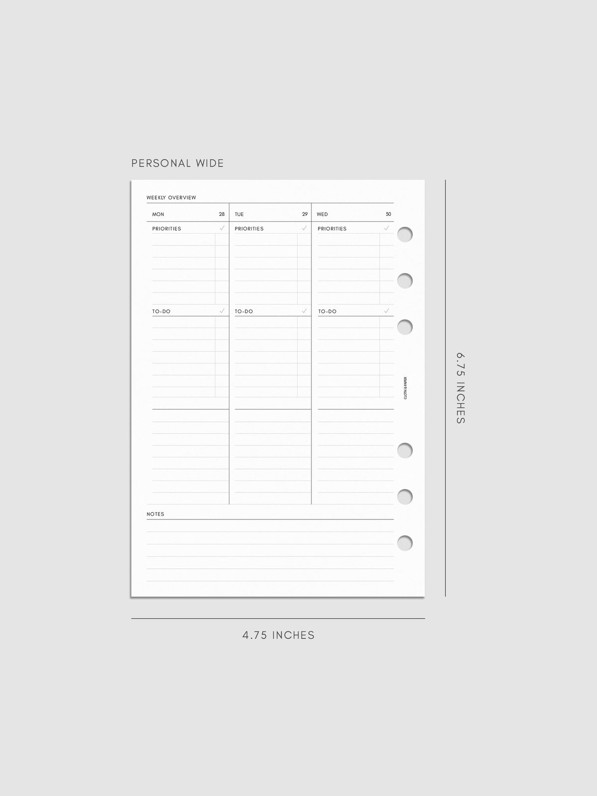 2027 Dated Weekly Task Planner Inserts, Monday Start, Personal Wide 6-Ring Punch, left page of weekly spread showing vertical columns for Monday through Wednesday with labeled priorities, to-do, and open notes sections