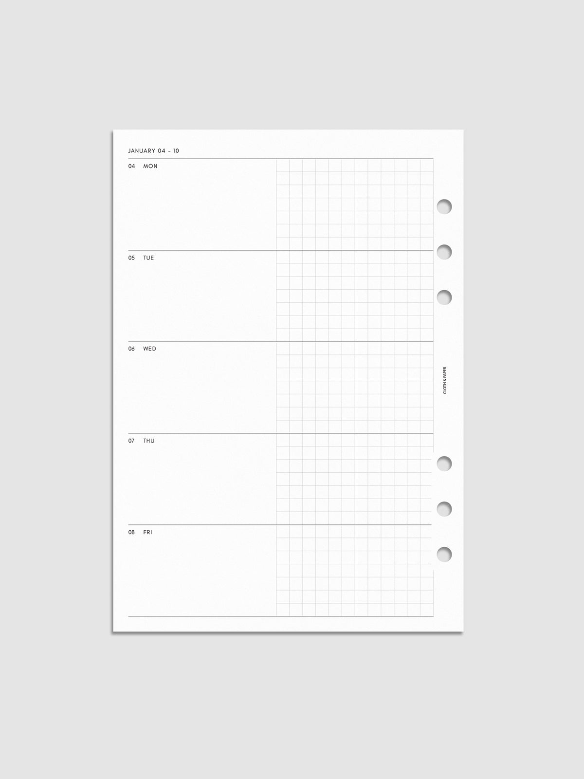 Mockup of the 2027 Dated Weekly Horizontal Planner Inserts | Monday Start's left page shown in size A5 6-Ring Punch.