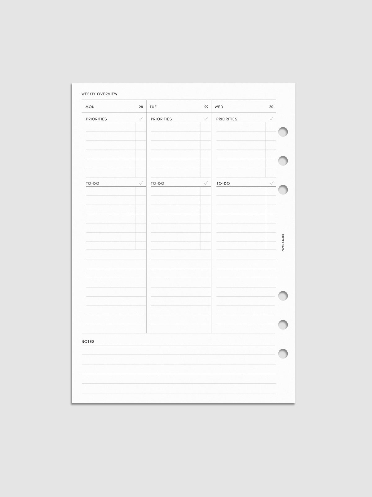 2027 Dated Weekly Task Planner Inserts, Monday Start, A5 6-Ring Punch, left page of weekly spread showing vertical columns for Monday through Wednesday with labeled priorities, to-do, and open notes sections