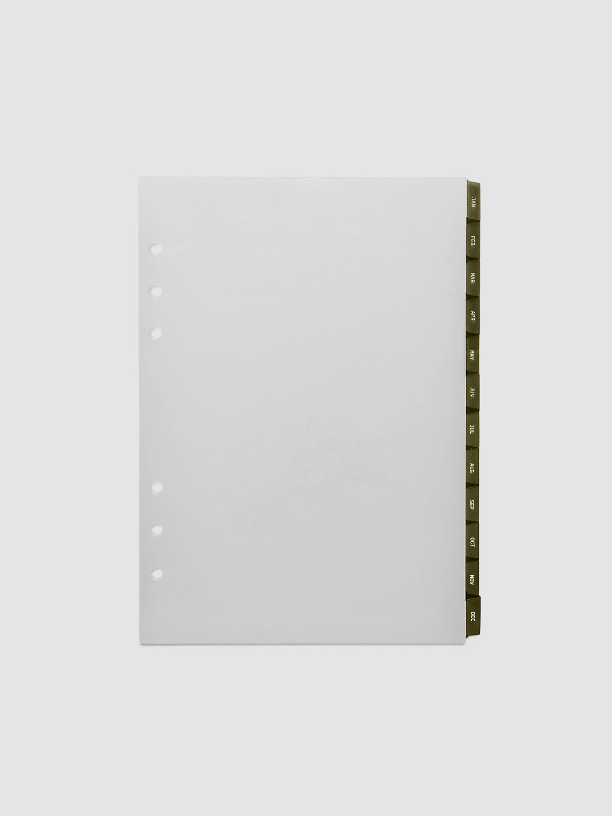 A5 6-Ring Punch Ultra-Thin Monthly Dividers in olive green, set of 12 dividers fanned to show all months
