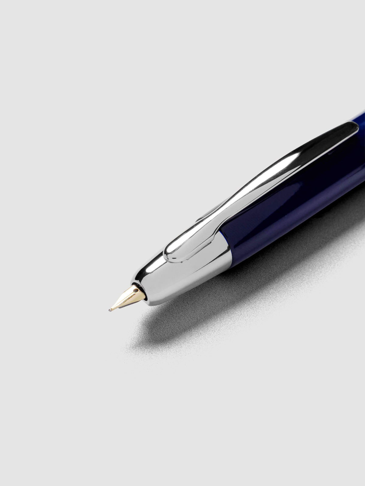 Blue Rhodium Pilot Vanishing Point Fountain Pen close up of nib.