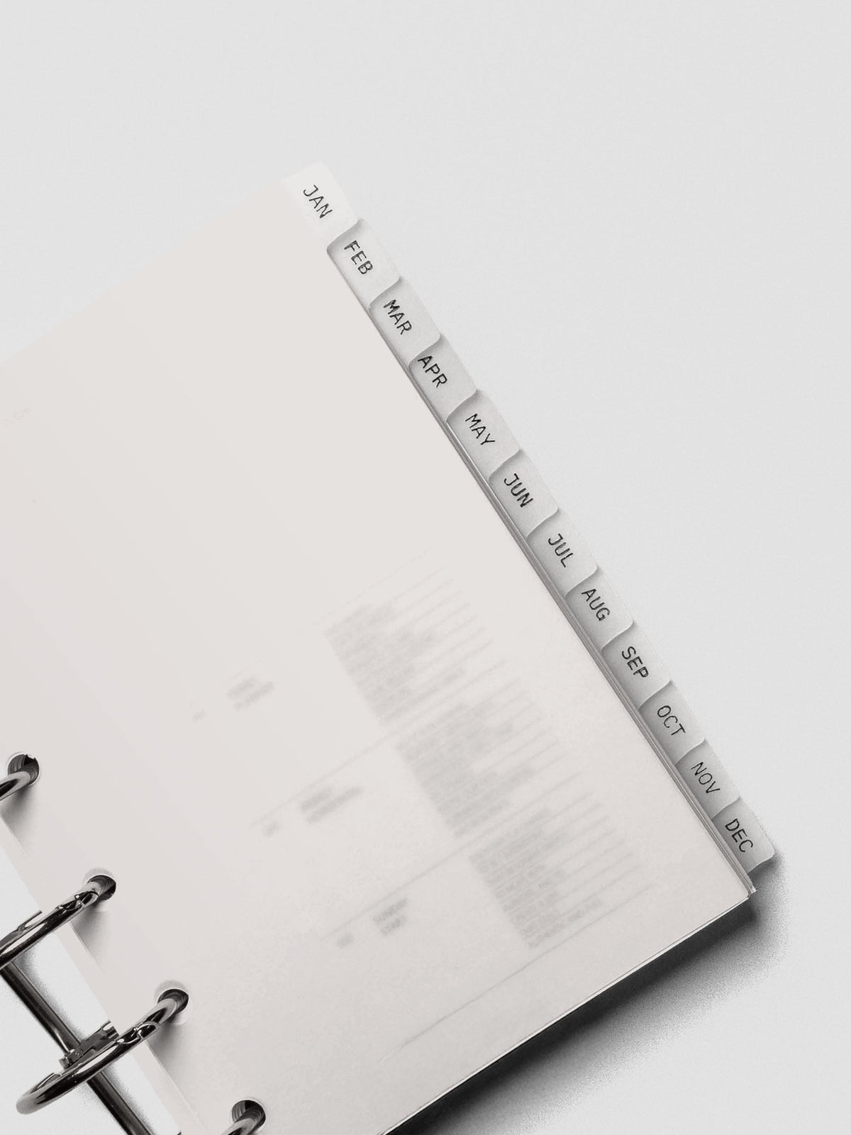 Close up of pocket vellum dividers shown at an angle bound with rings.