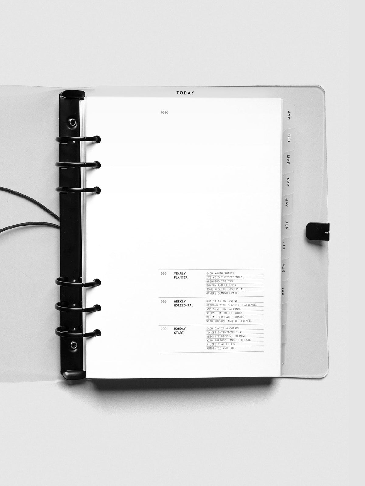 2026 Dated Planner Bundle Horizontal Weekly Monday Start in size A5 shown open to the front page in a Clear Vinyl Agenda.