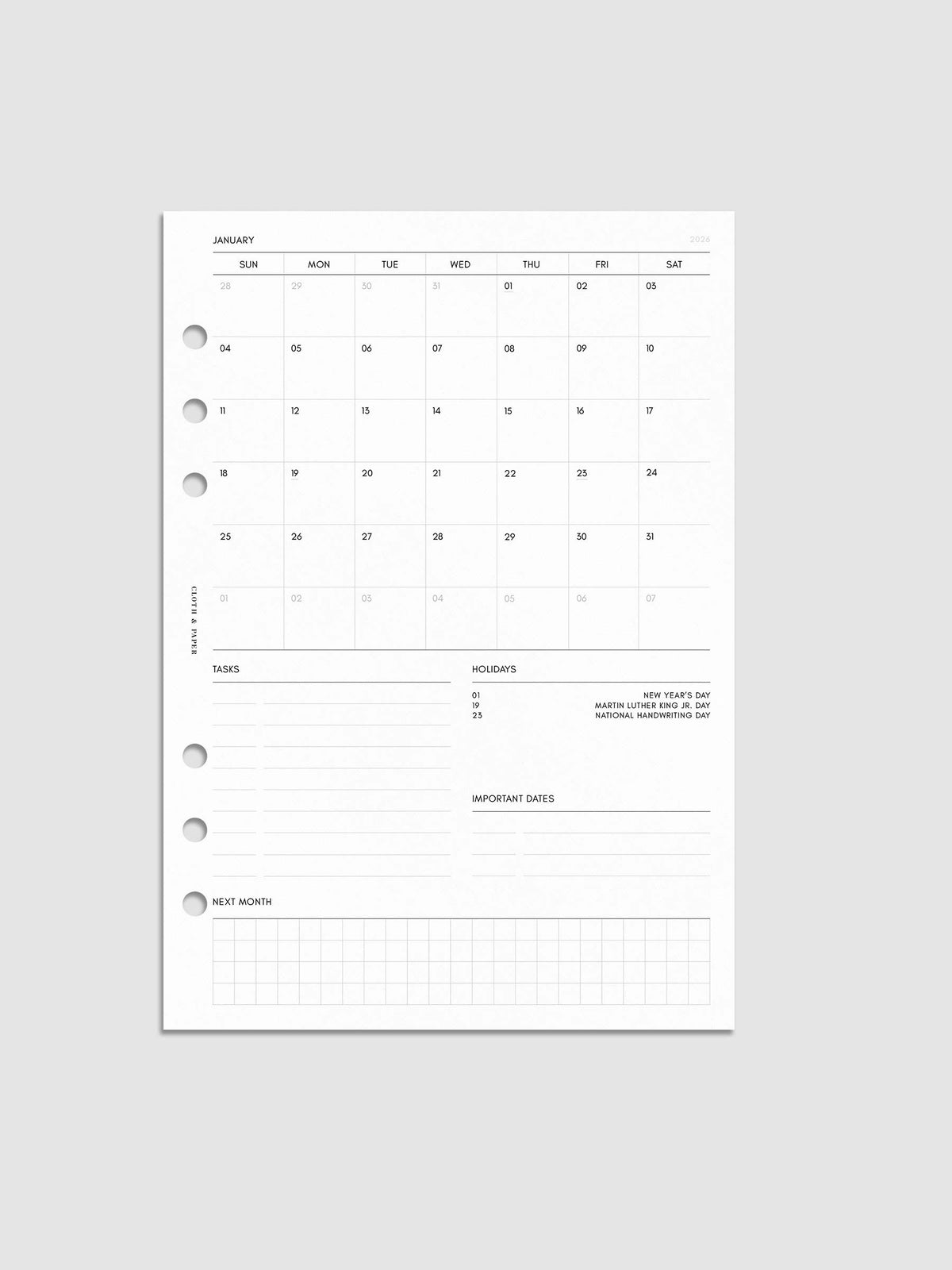 Digital mock-up of the monthly spread in A5.