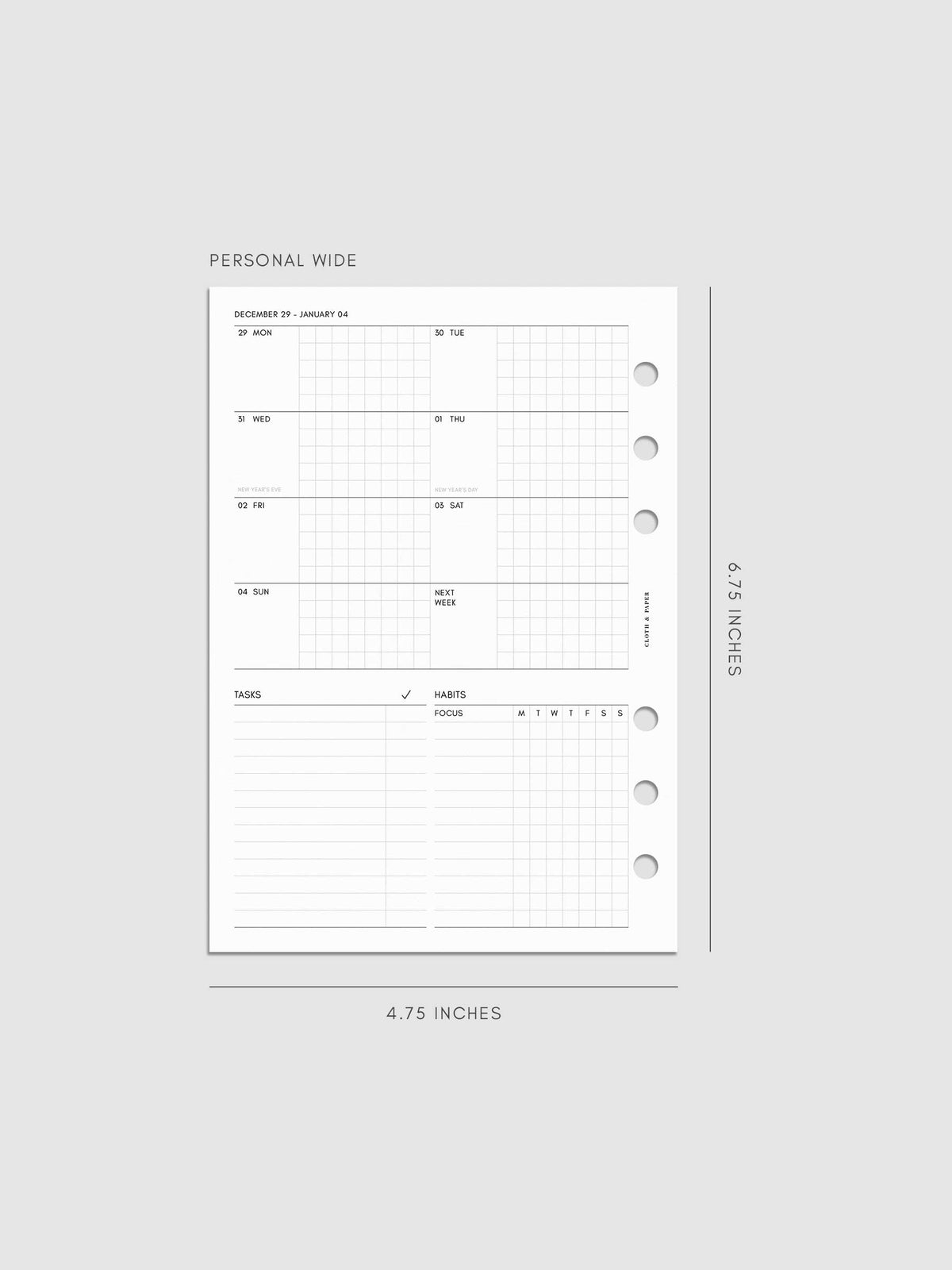Digital mock-up of the weekly spread in Personal Wide.