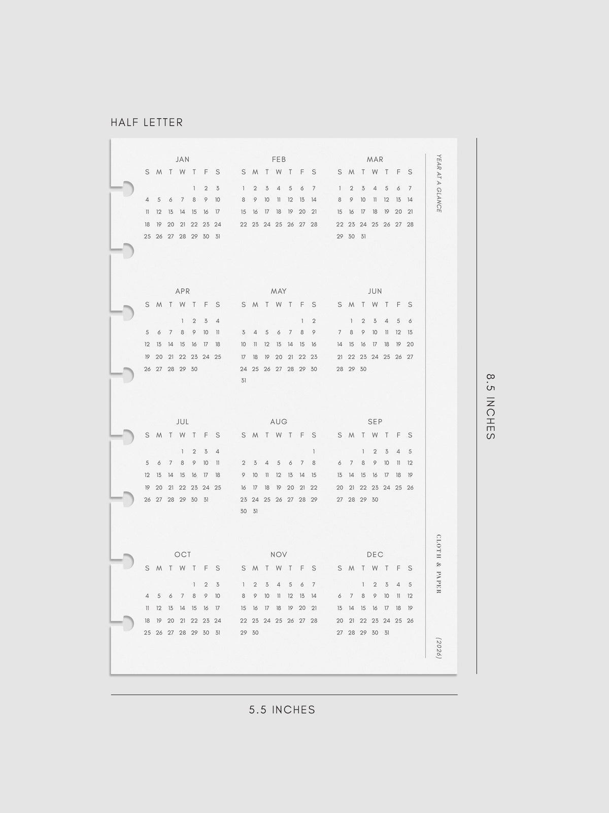 Digital mock-up of the 2026 Year At A Glance Planner Dashboard in Half Letter.