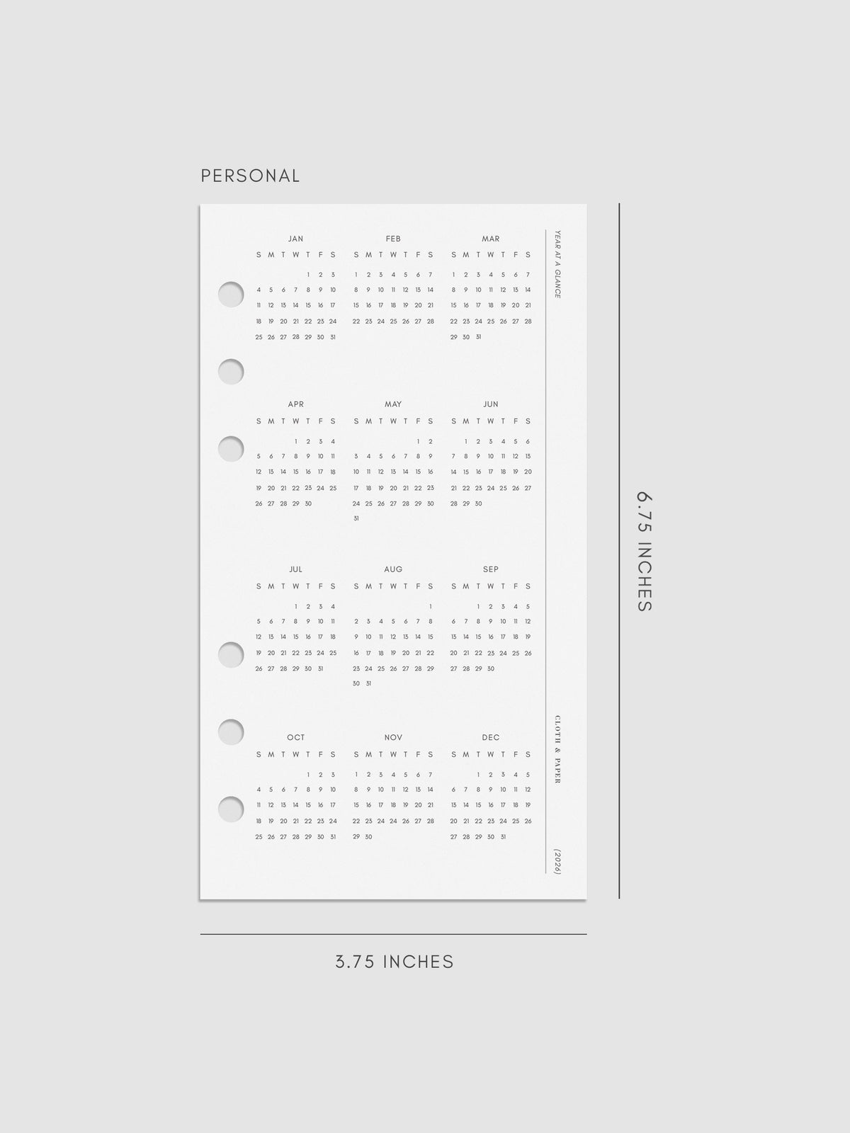 Digital mock-up of the 2026 Year At A Glance Planner Dashboard in Personal.