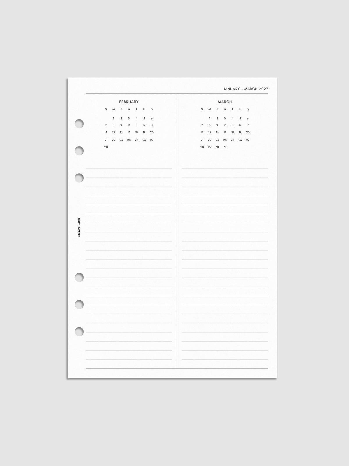 2027 Dated Yearly Overview Planner Inserts Sunday Start, A5 6-Ring Punch, right page of quarterly spread showing three monthly calendar views each with a notes section below