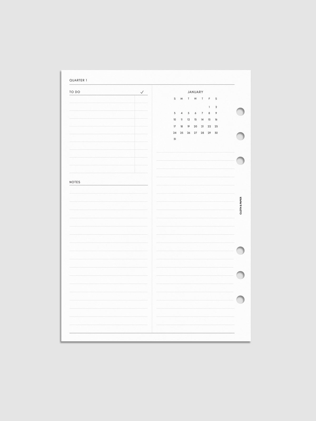2027 Dated Yearly Overview Planner Inserts Sunday Start, A5 6-Ring Punch, left page of quarterly spread showing goal-setting, to-do, and notes sections