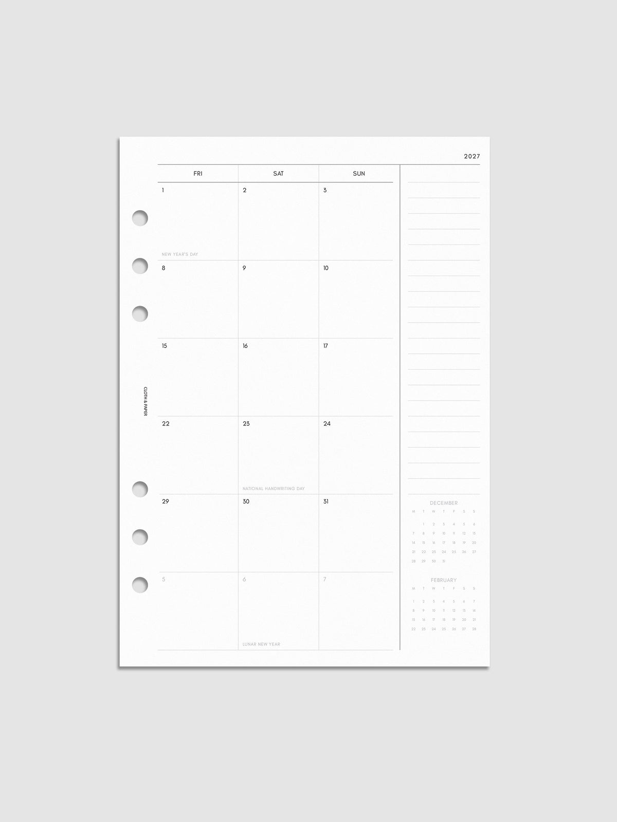 2027 Dated Monthly Planner Inserts Monday Start, right page showing two-page monthly calendar spread with Monday start, notes column along the far right, and mini calendars in the bottom right corner