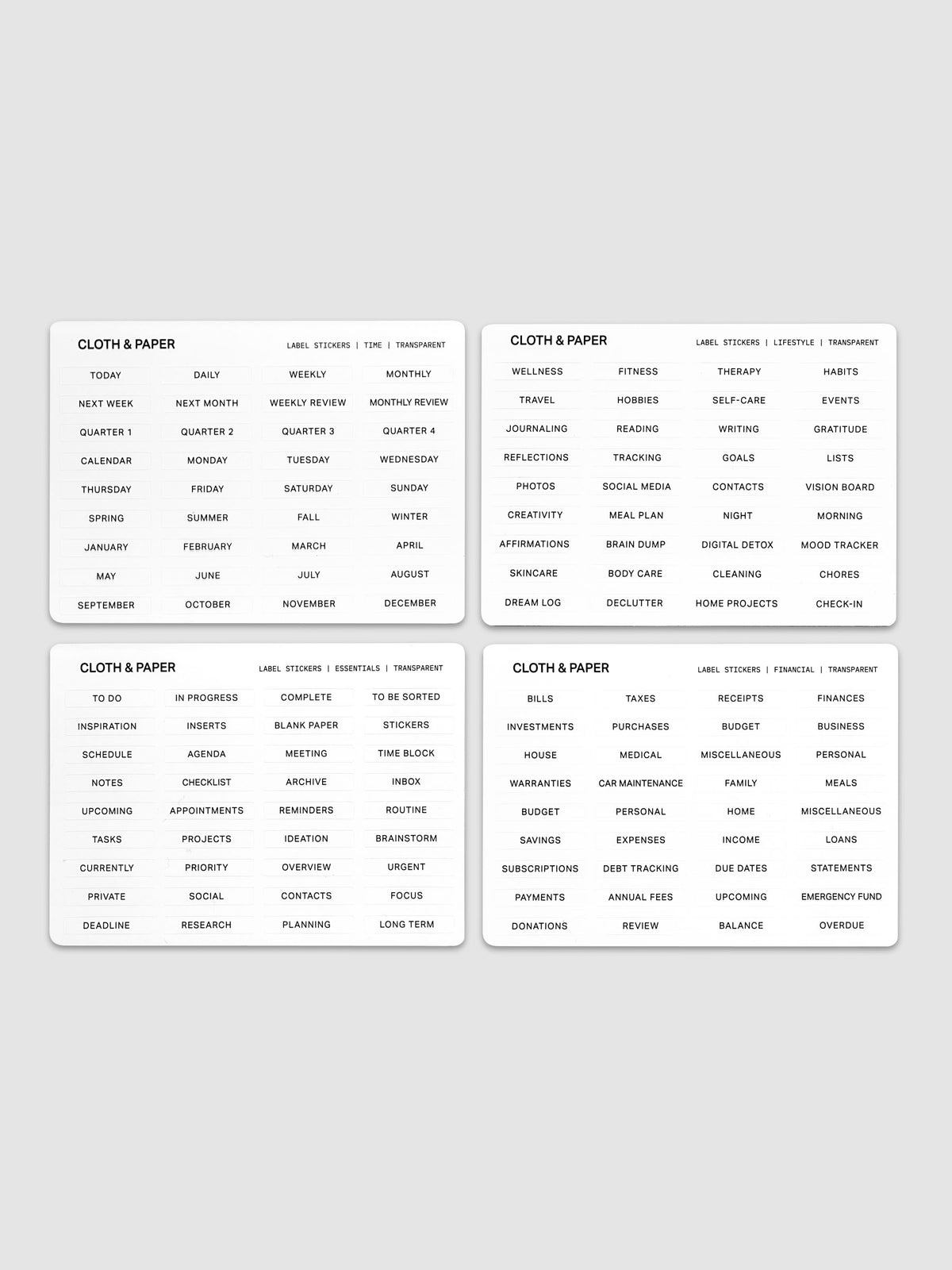 Four unique sheets of transparent label stickers with black text on the topics of lifestyle, financial, essentials, and time.