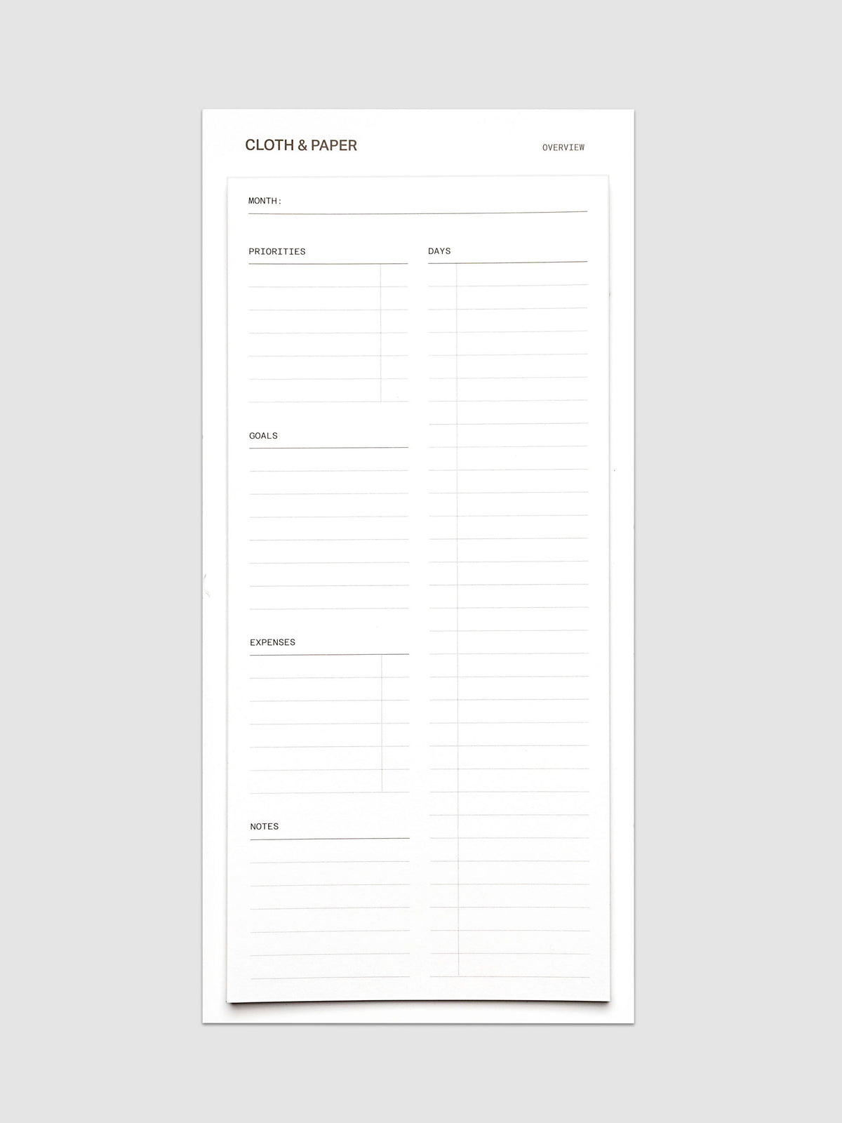 Monthly Overview sticky note layout with columns for priorities, goals, expenses, and notes