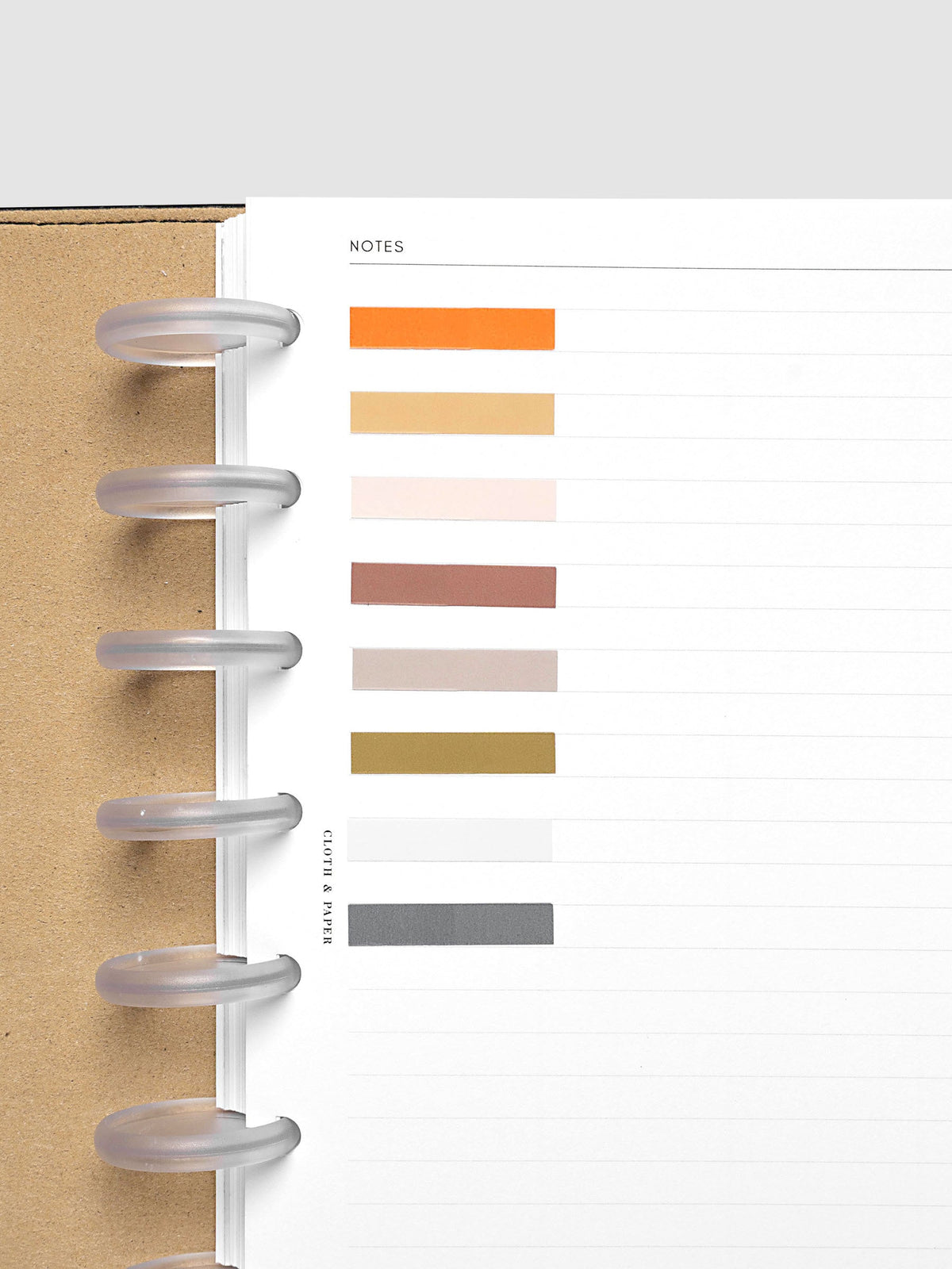 Page Pins Short, one pin per colorway displayed on planner page: deep orange, warm light brown, peach, burgundy, grey, olive, light blue, and navy