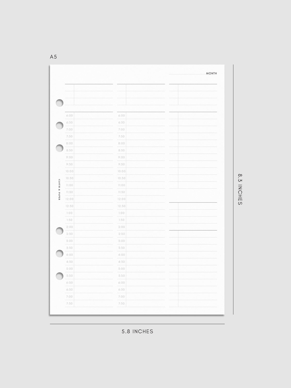 30 Minute Time Block Planner Inserts in size A5.