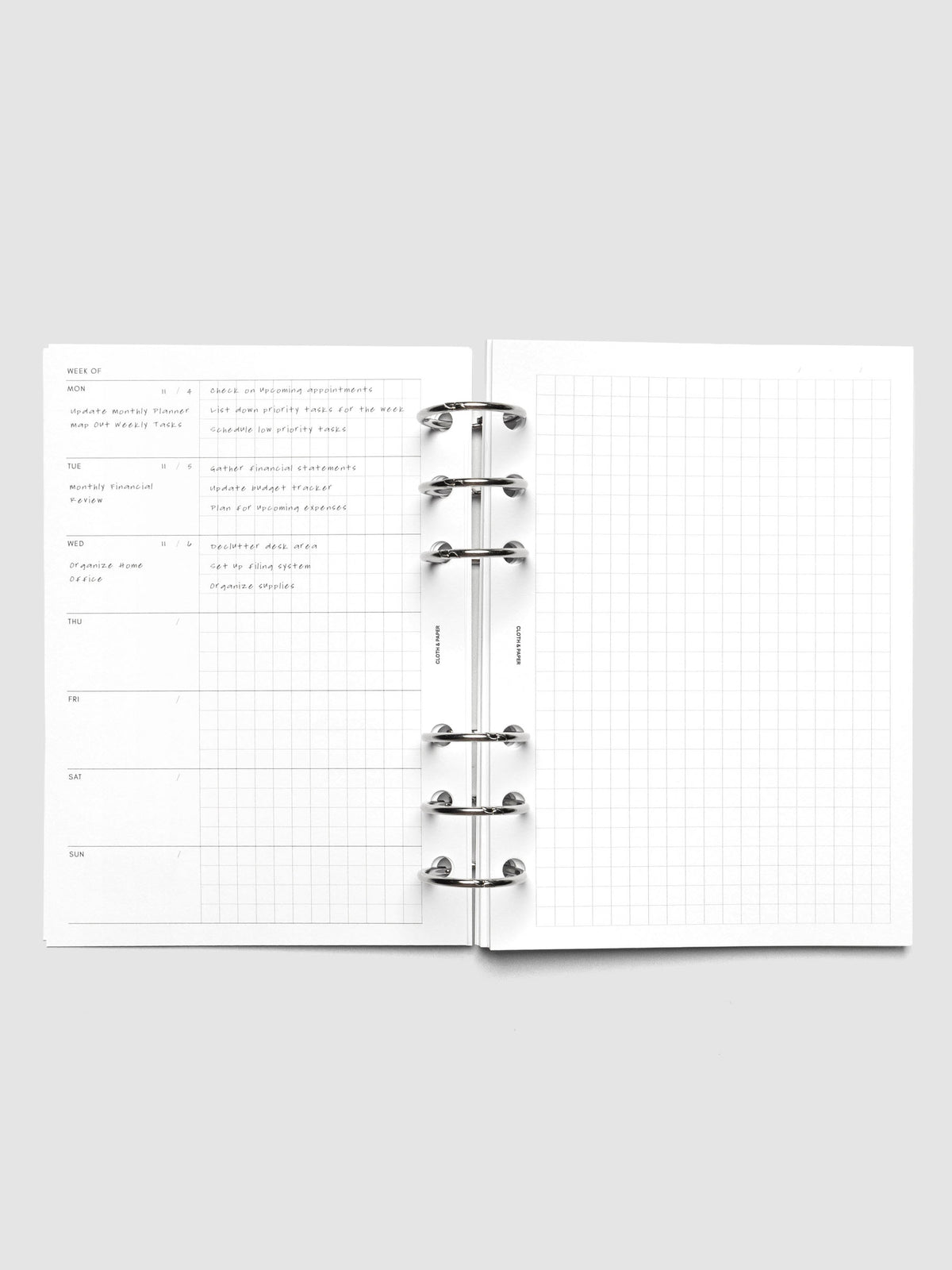 Demo page for Weekly Graph Inserts in size A6 shown ring bound.