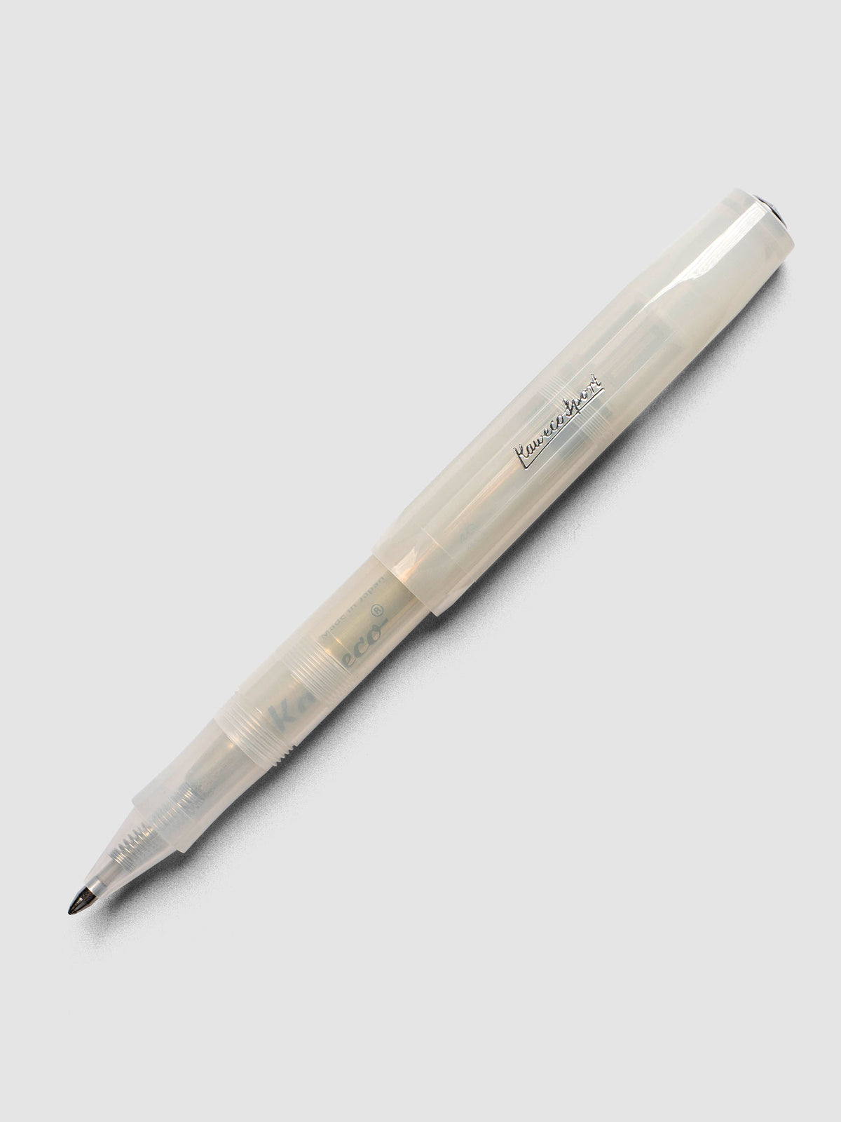 A clear rollerball pen shown with cap posted.