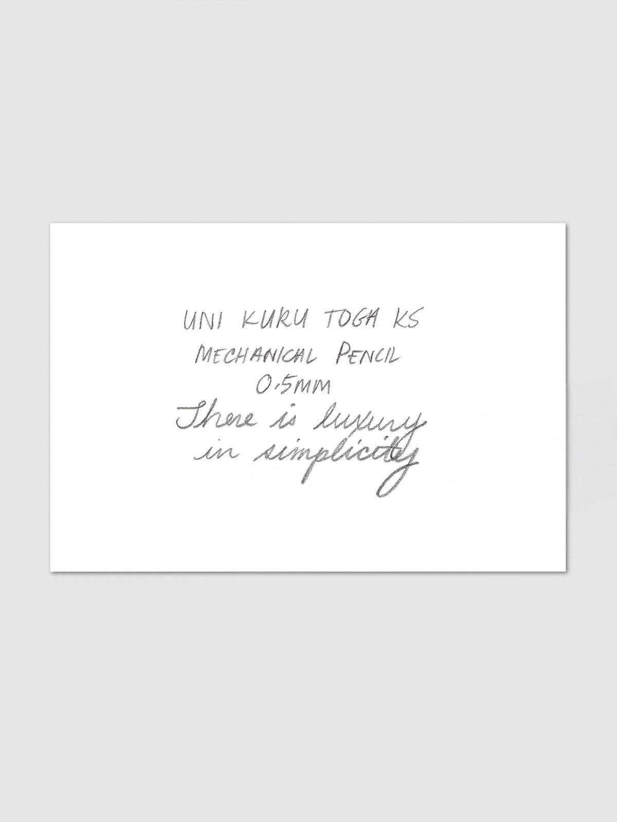Uni Kuru Toga KS Mechanical Pencil handwriting swatch card with sample text in pencil