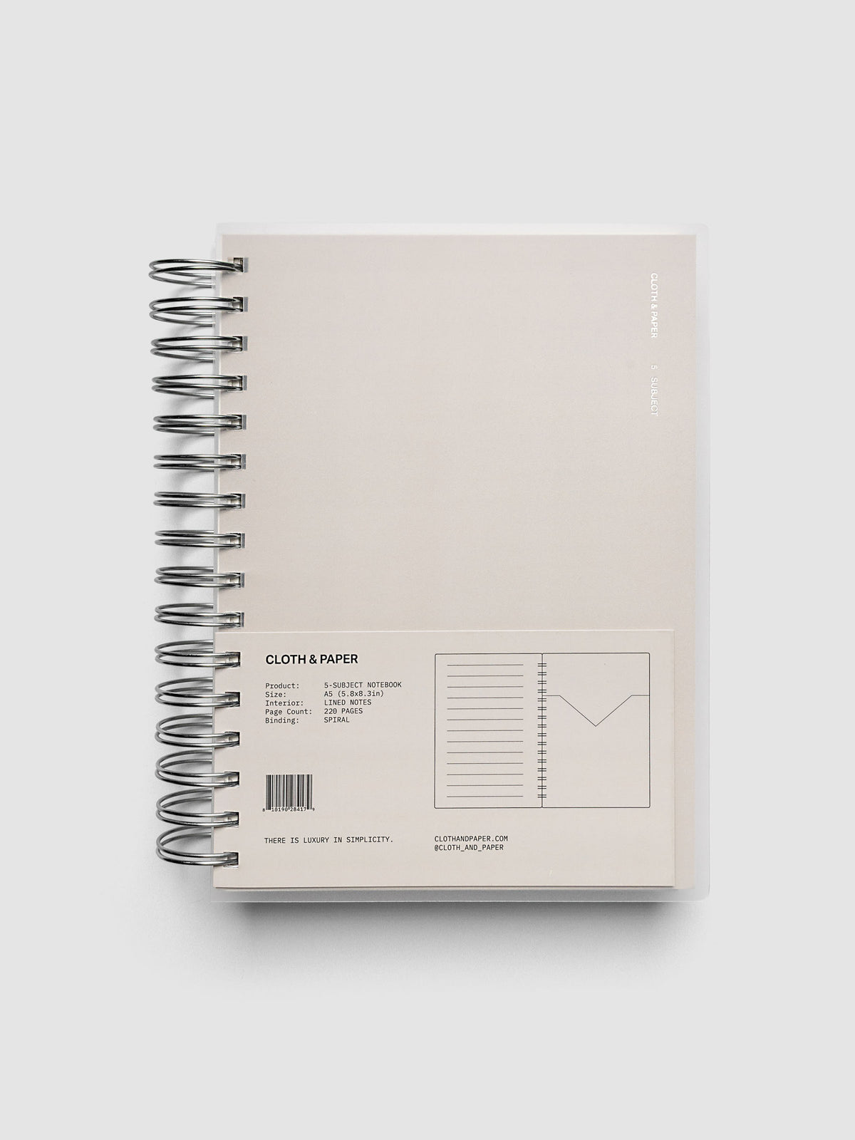 5 Subject Notebook A5 Punch back cover with concrete grey product label and spec details