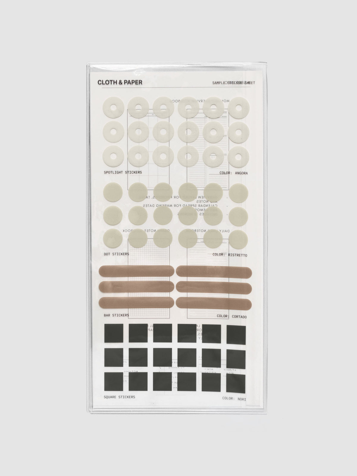 An a5 slim sized sticker sheet with spotlight, dot, bar, and square stickers in various colors.