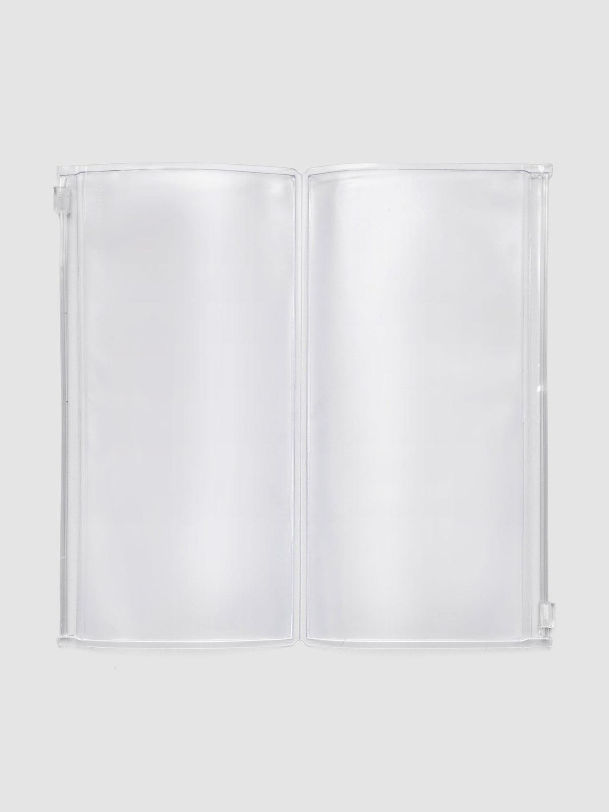 Storage Holder Travel Notebook A5 Slim open, showing two empty zippered pouches, frosted clear plastic interior