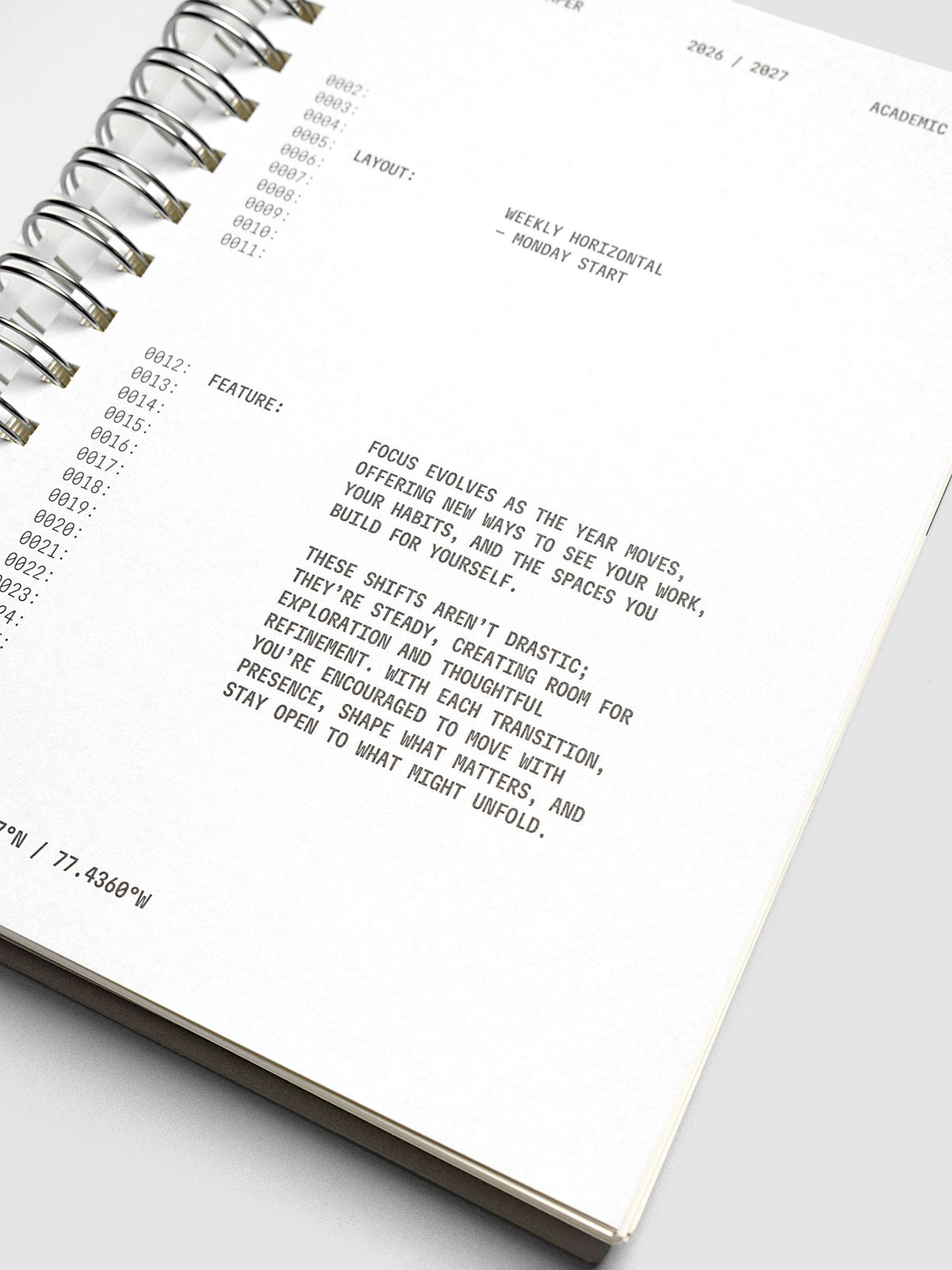Close-up of the grey cardstock dashboard inside the 2026–2027 Weekly Horizontal Academic Planner A5 Spiral