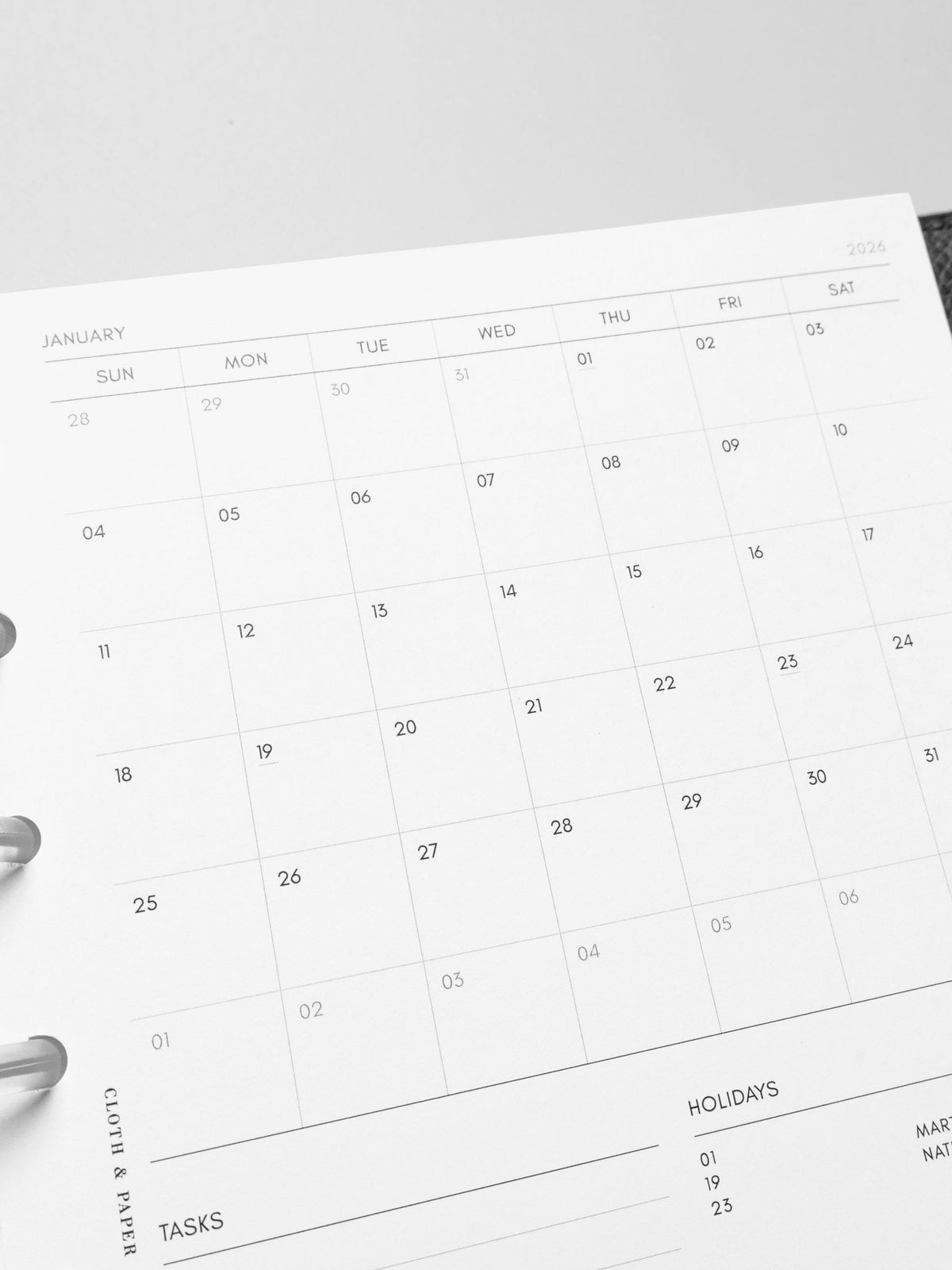 Image shows a close-up of the Sunday Start 2026 Dated Monthly Admin Planner Inserts.