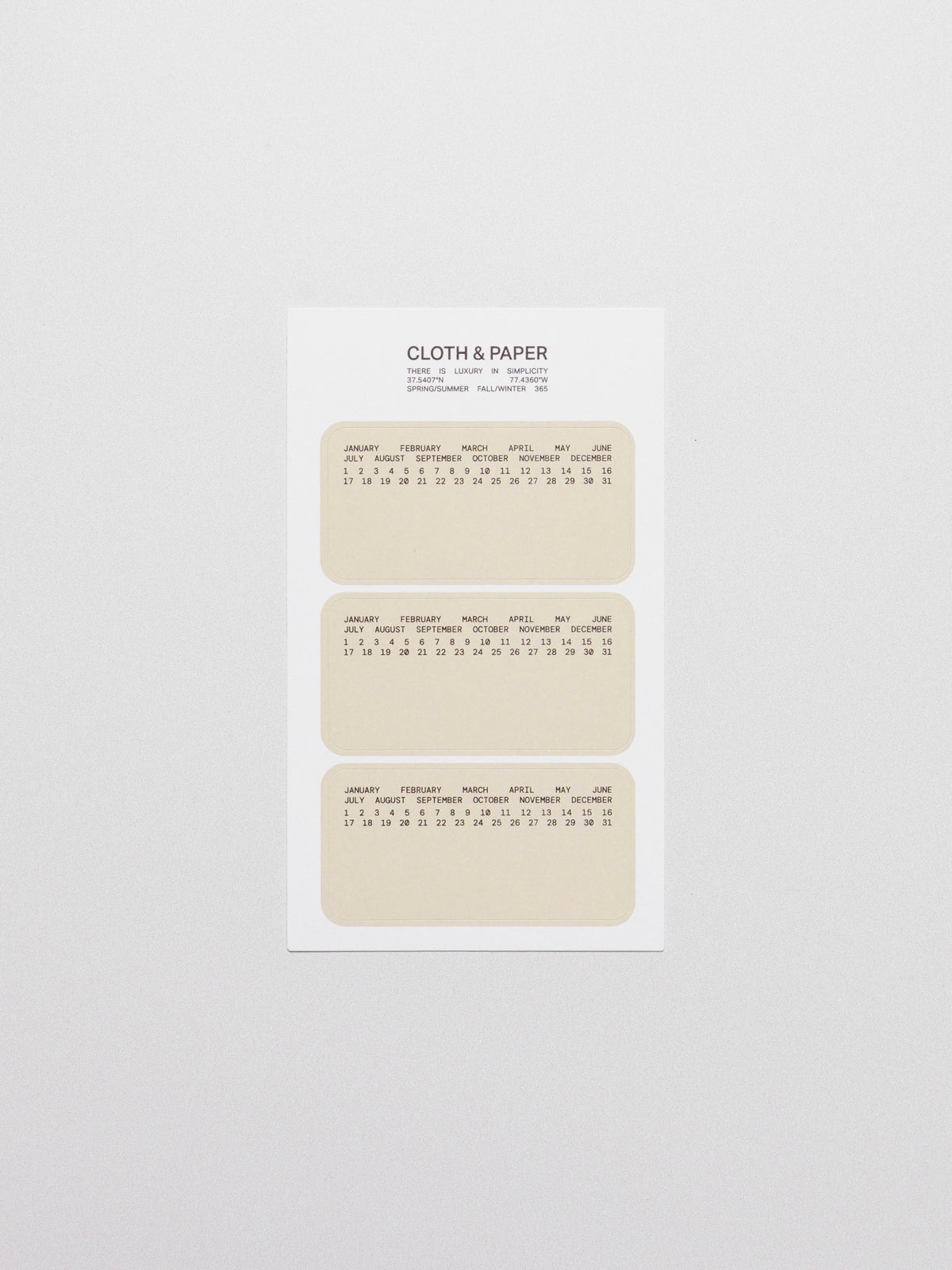 Undated calendar stickers displayed on a neutral background.