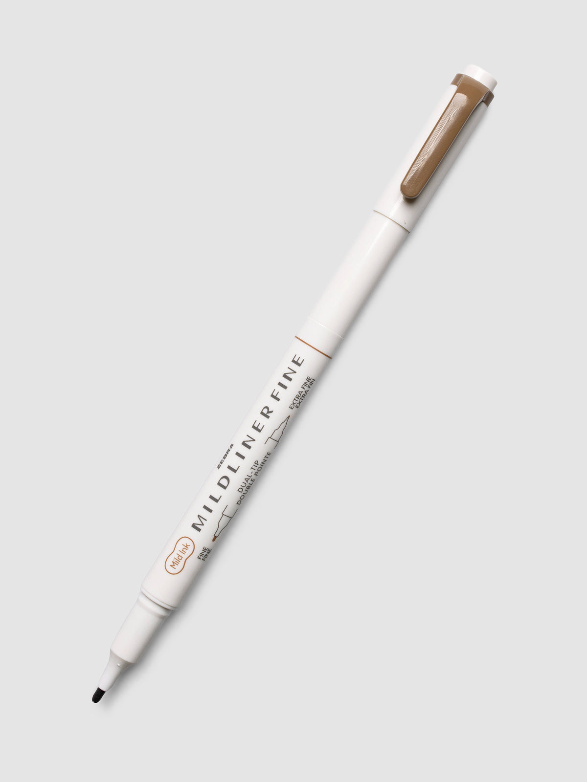 Zebra Mildliner Dual-Tip Fineliner in brown with cap removed showing fine bullet tip