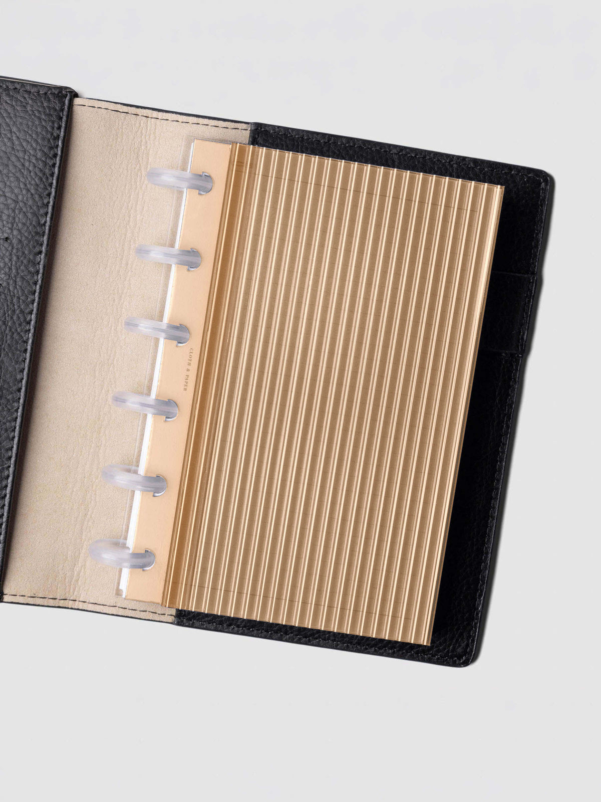 Bisque fluted planner dashboard in CP Petite size shown in a black leather discbound cover with clear discs.