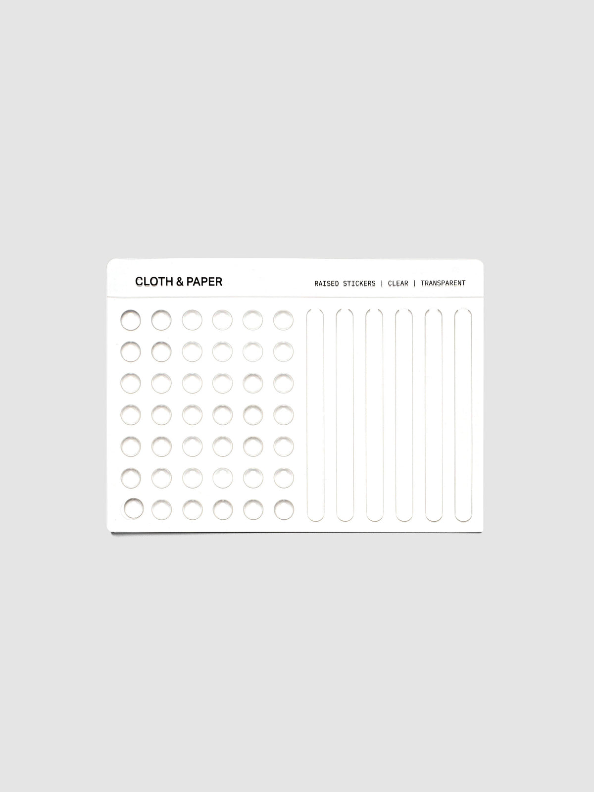 A single sticker sheet from the Raised Sticker Set in the color Clear.