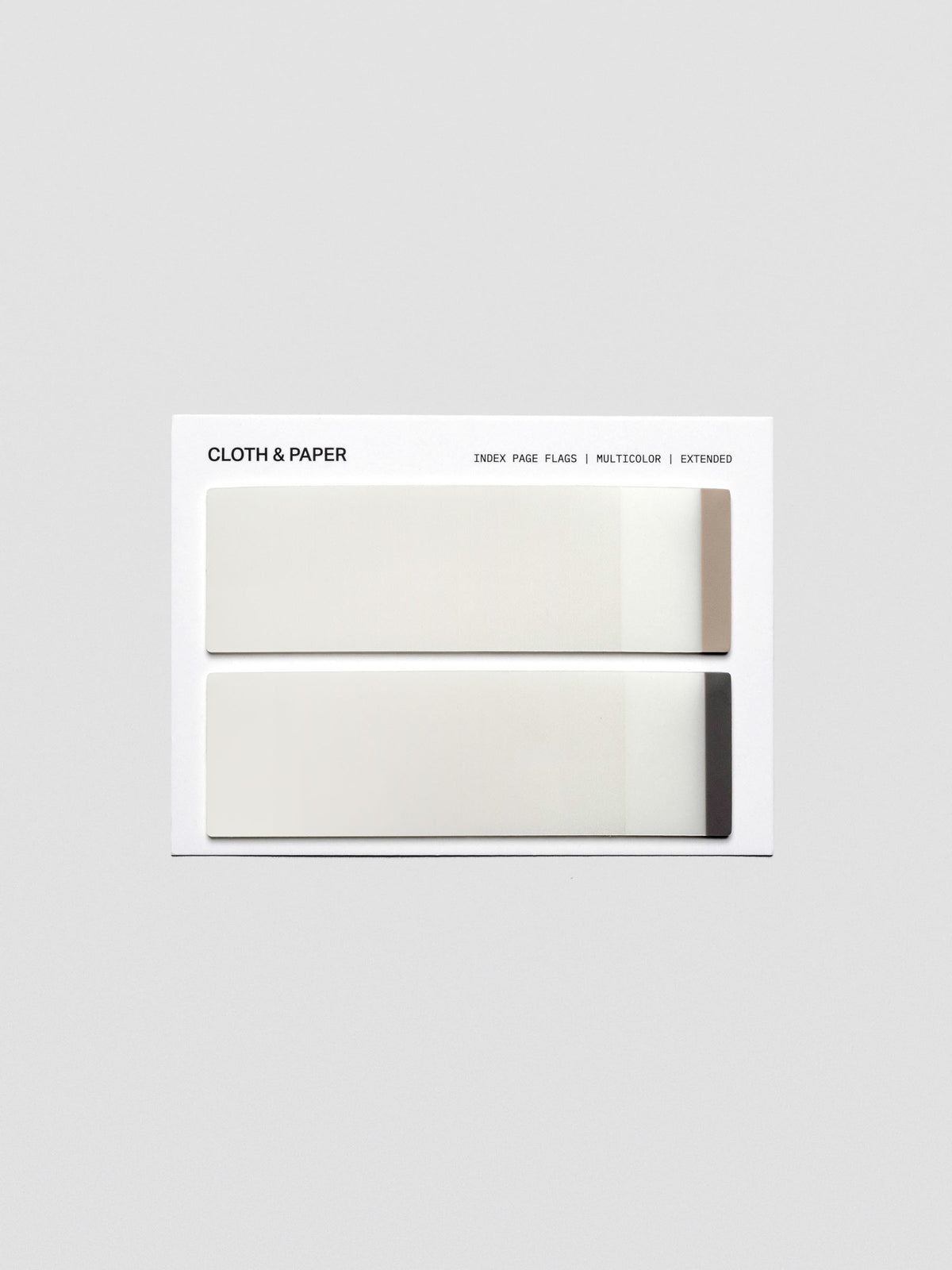 A multicolor pack of extended transparent page flags with colored tips in light and dark brown.