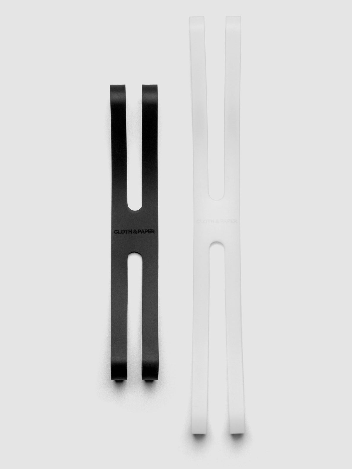 One small black and one large clear planner closure band side by side.