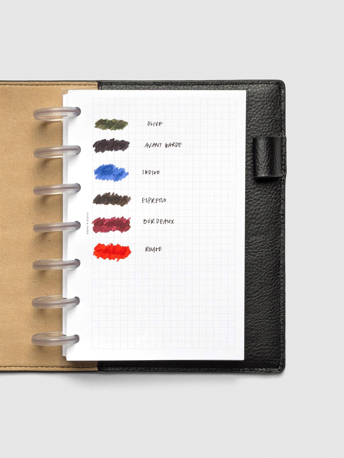 Ink swatches for all six colors in the mini fountain pen ink set including olive, avant garde, indigo, espresso, bordeaux, and rouge.