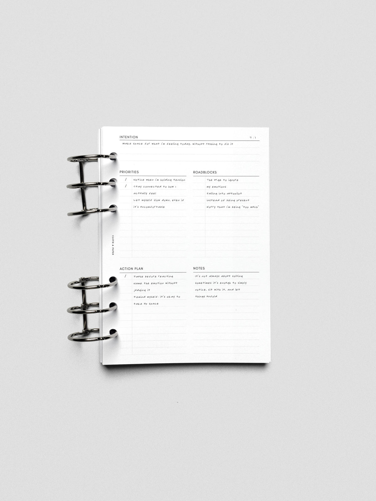 Daily Intention Planner Inserts show filled out in Personal Wide size ring bound.