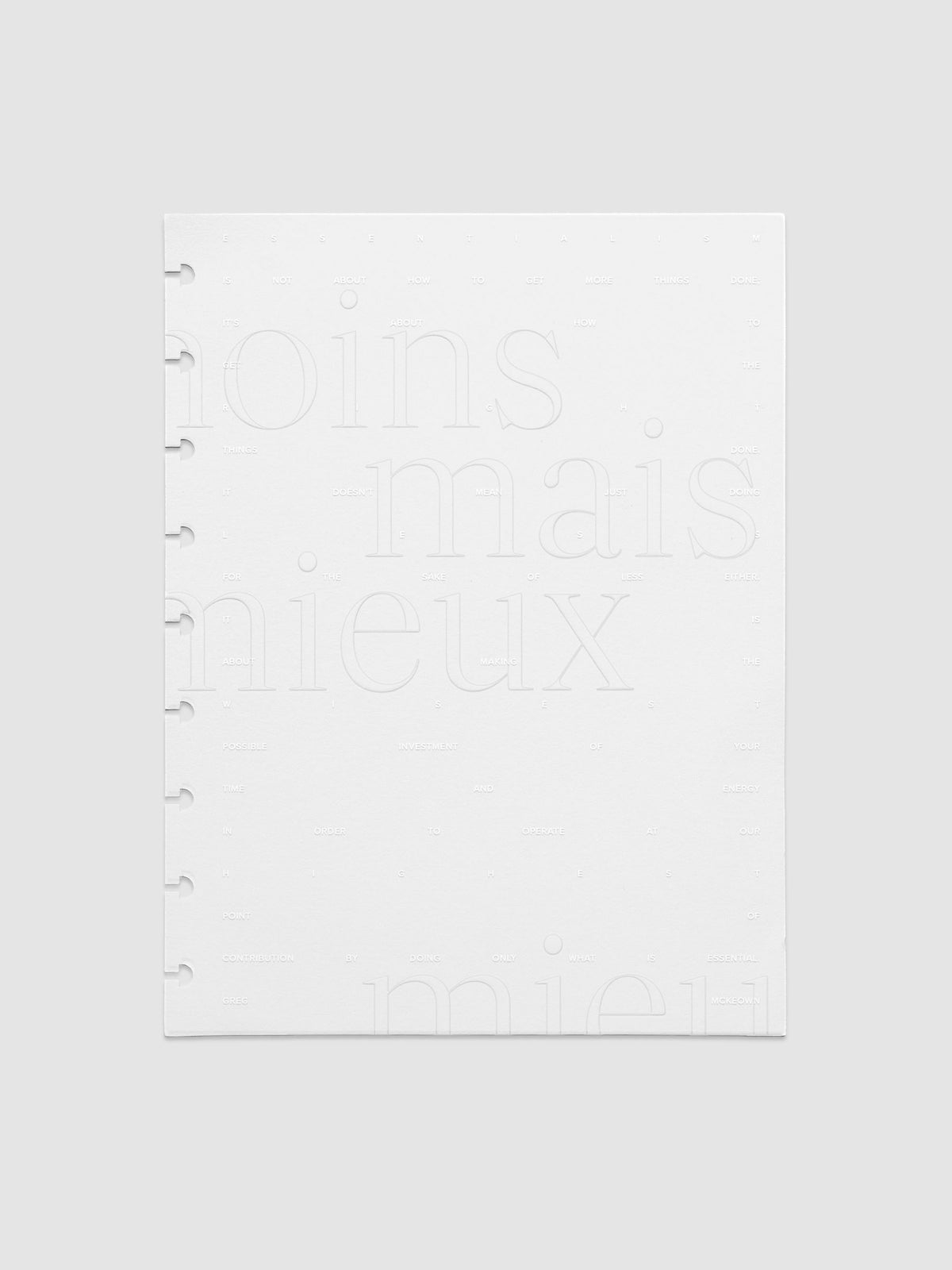 Essentialism Dashboard Duo reading "moins mai mieux" in size HP Classic.