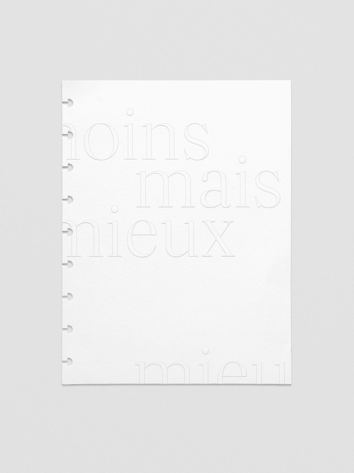 Essentialism Dashboard Duo reading "moins mai mieux" in size HP Classic; cardstock layer only.