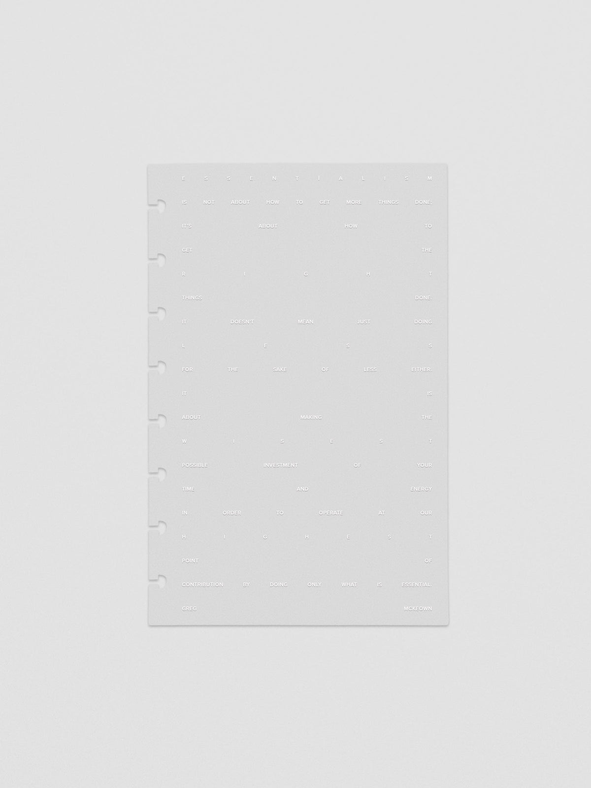 Essentialism Dashboard Duo reading "moins mai mieux" in size Half Letter; transparent layer only.