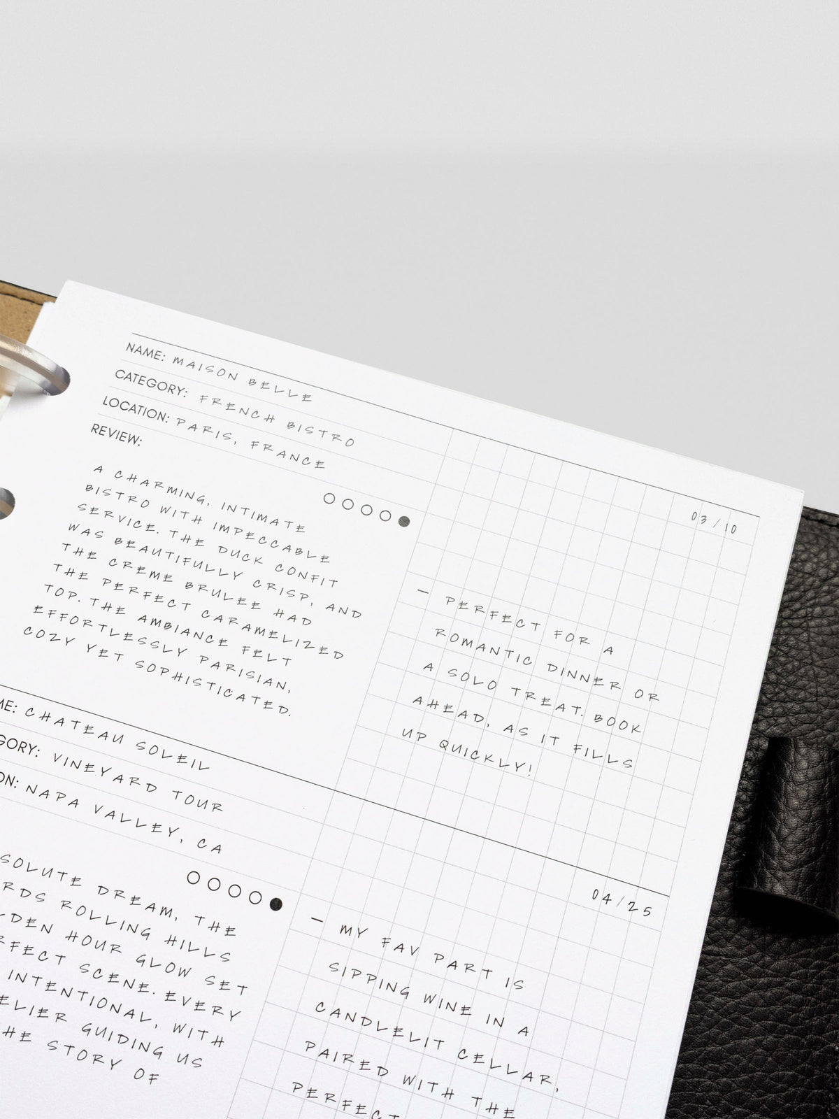  Close-up of the Experience Tracker Insert demo page, including a restaurant review with rating and notes written in the grid space. The planner cover and frosted discs are partially visible.